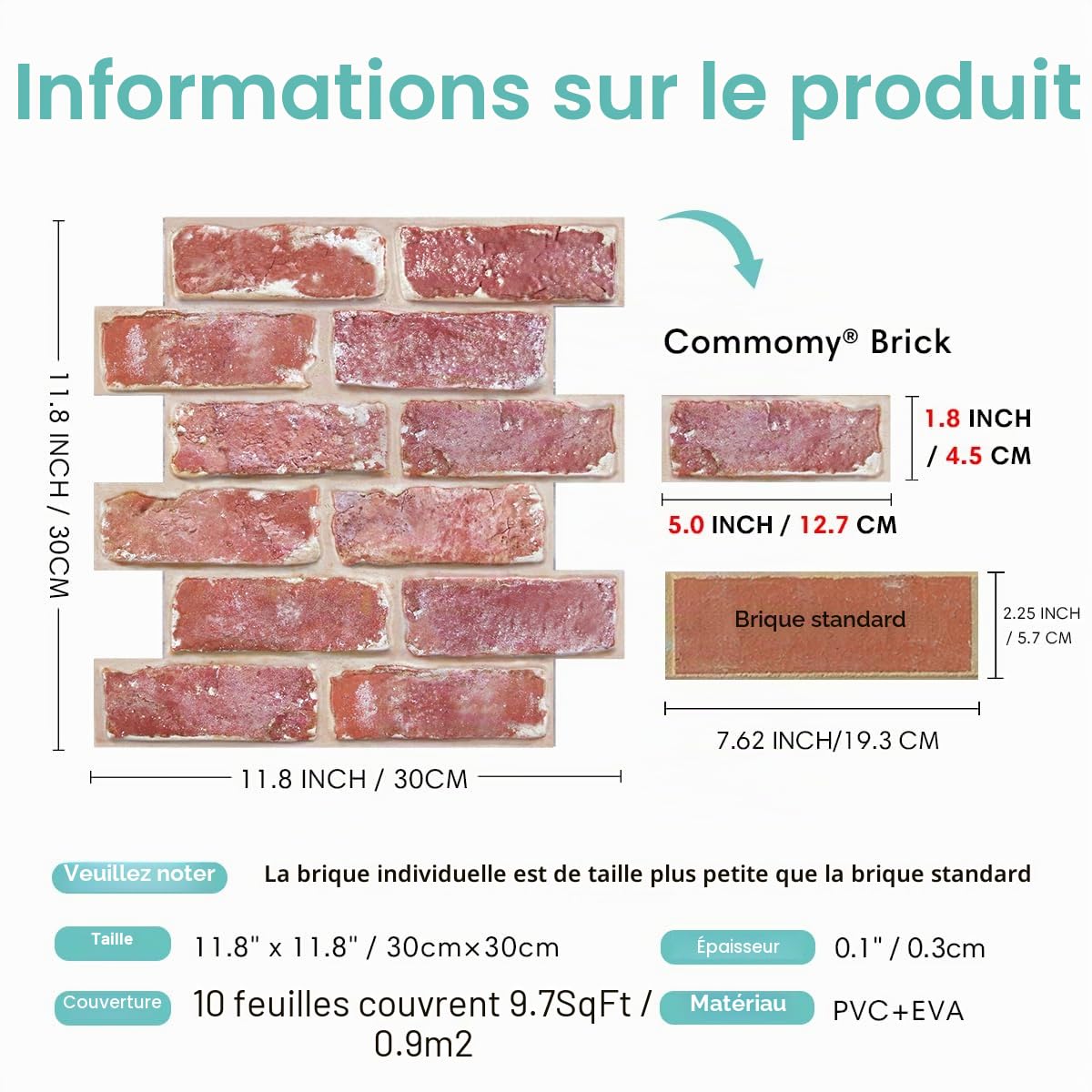 Commomy Panneaux Muraux 3D Imitation Brique, 10 Pièces, Pierre Dalle PVC Adhesive Murale Papier Peint 3D Autocollant, 30 × 30 cm, Panneau Mural Décoratif Revêtement Mural
