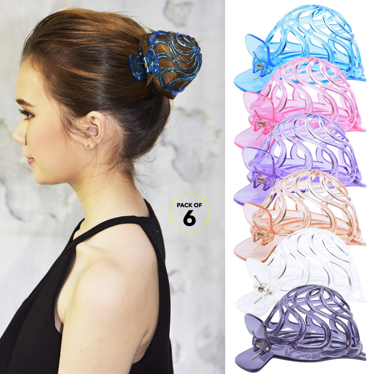 RC ROCHE ORNAMENT6 Pcs Womens Shell Dome Round Circle Stylish Plastic Strong Grip Hinge Side Slide Bun Maker Clips Girls Beauty Accessory Hair Clip, Large Transparent Multicolor