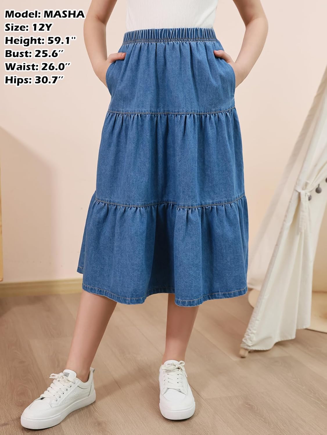 GORLYA Girls Denim Long Skirts Trendy Casual Tiered Ruffle Hem Elastic Waist A-Line Jean Skirts with Pockets 6-14 Years - Image 4