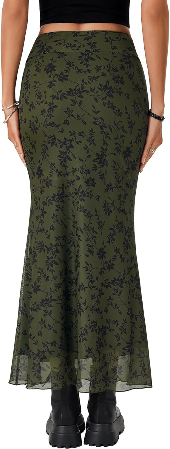 Rooscier Women's Floral Print Mesh Long Skirt High Waist Tie Fishtail Bodycon Maxi Skirts - Image 5