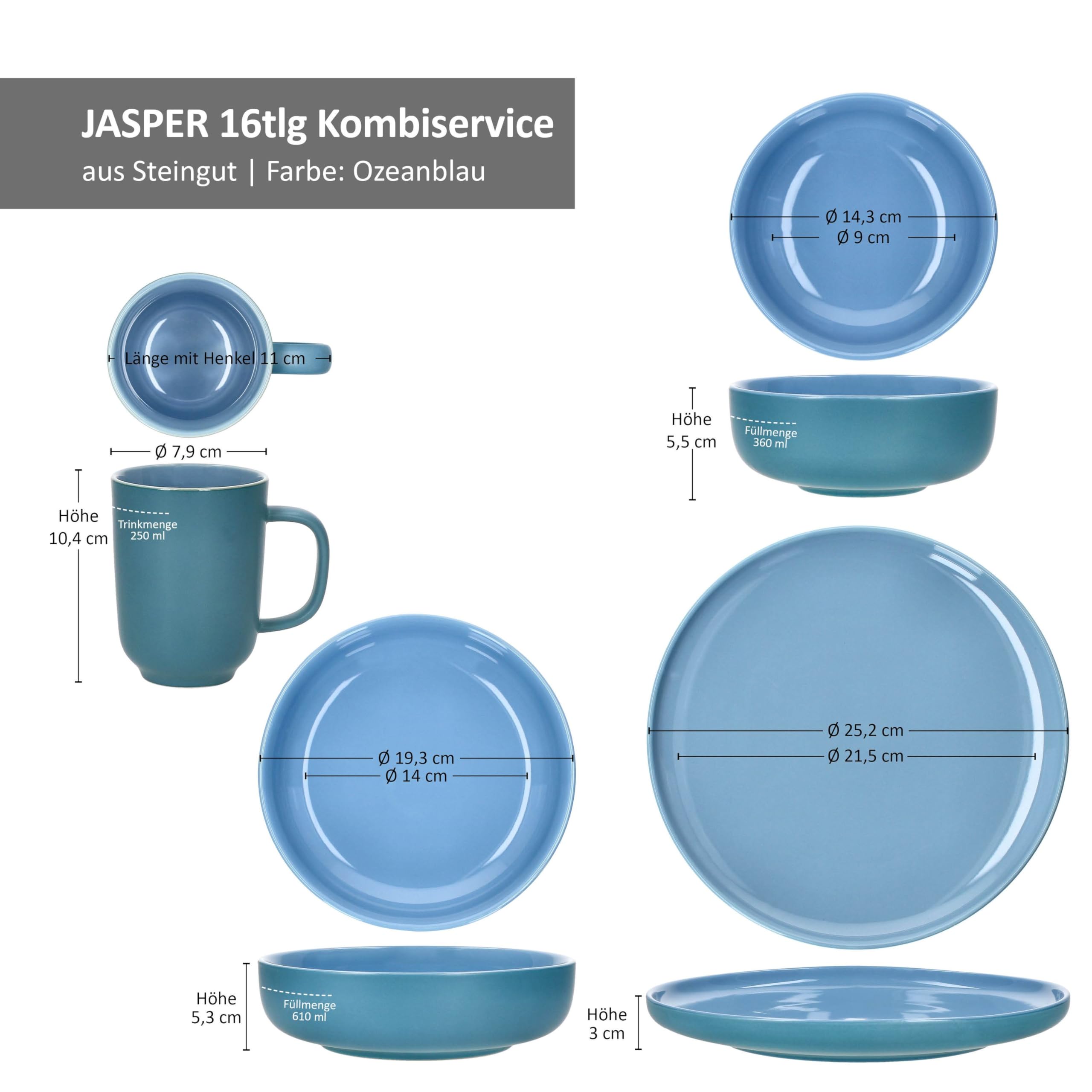 Ritzenhoff & Breker Jasper Service de table 16 pièces en faïence pour 4 personnes Bleu océan Avec 4 tasses à café de 250 ml, bols de 360 ml, assiettes creuses et assiettes plates I Petit déjeuner et