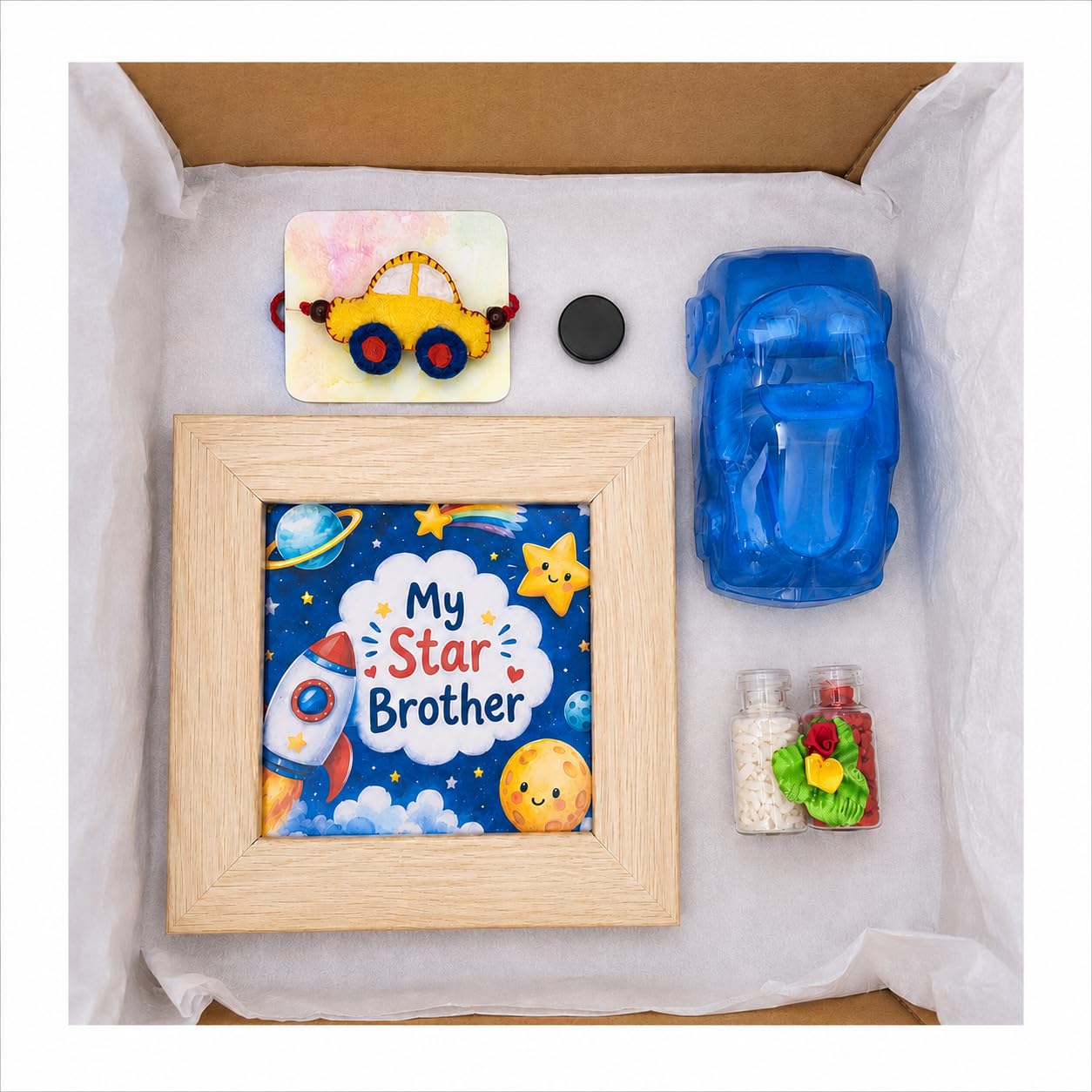 Rakhi Hamper for kids - 1 handmade Car Rakhi with 1 magnet (to be attached to the Rakhi after the festival to convert in into a fridge magnet) |1 handmade kids car soap | Space theme photo frame |1 Roli chawal | 1Chocolate (Hamper 1, Medium)-image-21