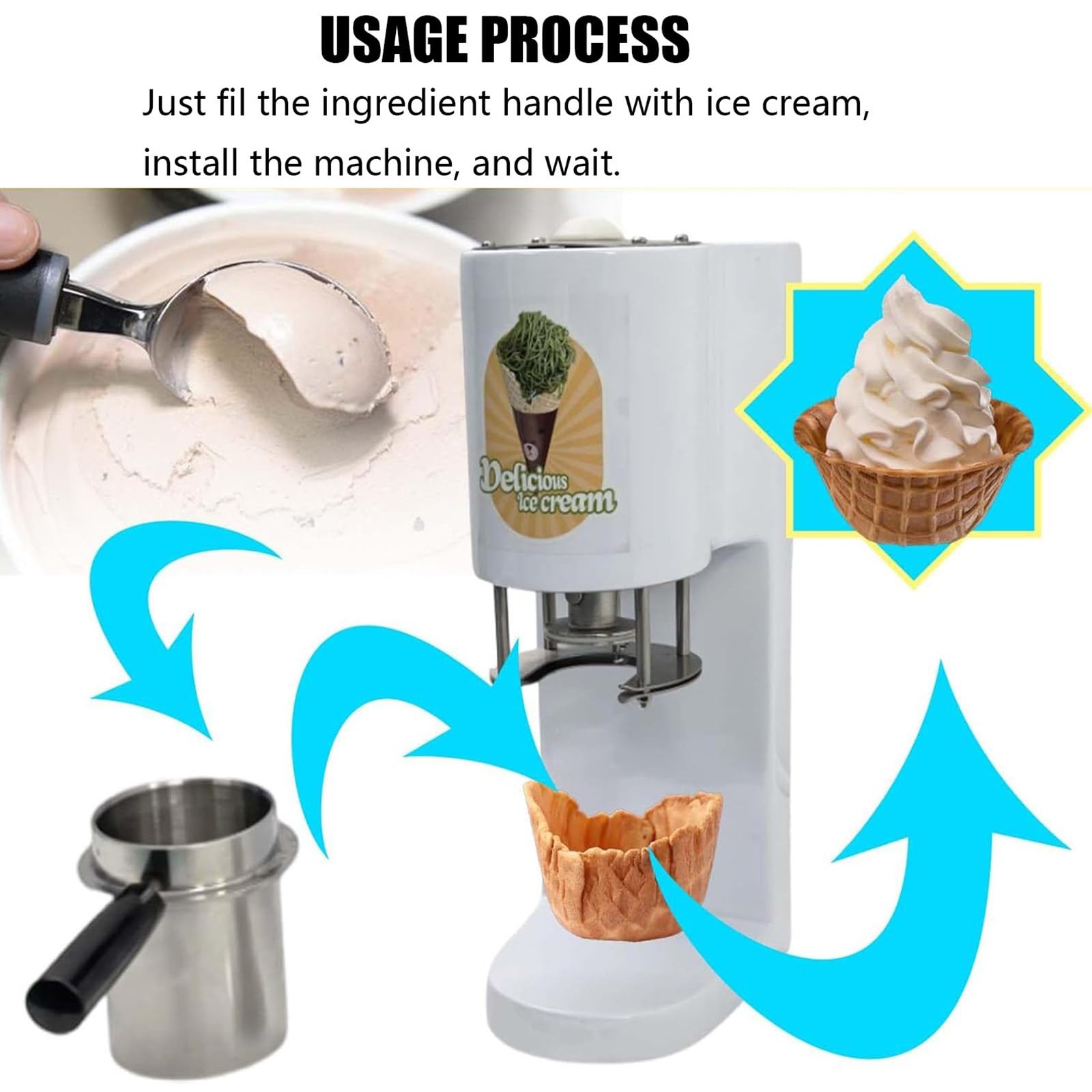 Machine à Glace Spaghetti – 4 moules interchangeables, trémie 420 ML, Design Compact, démarrage par Simple Pression, Nettoyage Facile ; pour commerces et Secteur l'événementiel. Yellow