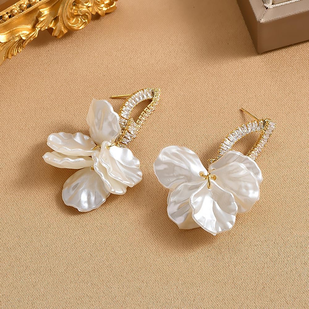 White Flower Dangle Statement Earrings for Women Bohemia Vintage Rhinestone Petal Floral Dangling Earrings Exaggerated Flower Earrings Fairy Jewelry - Image 7
