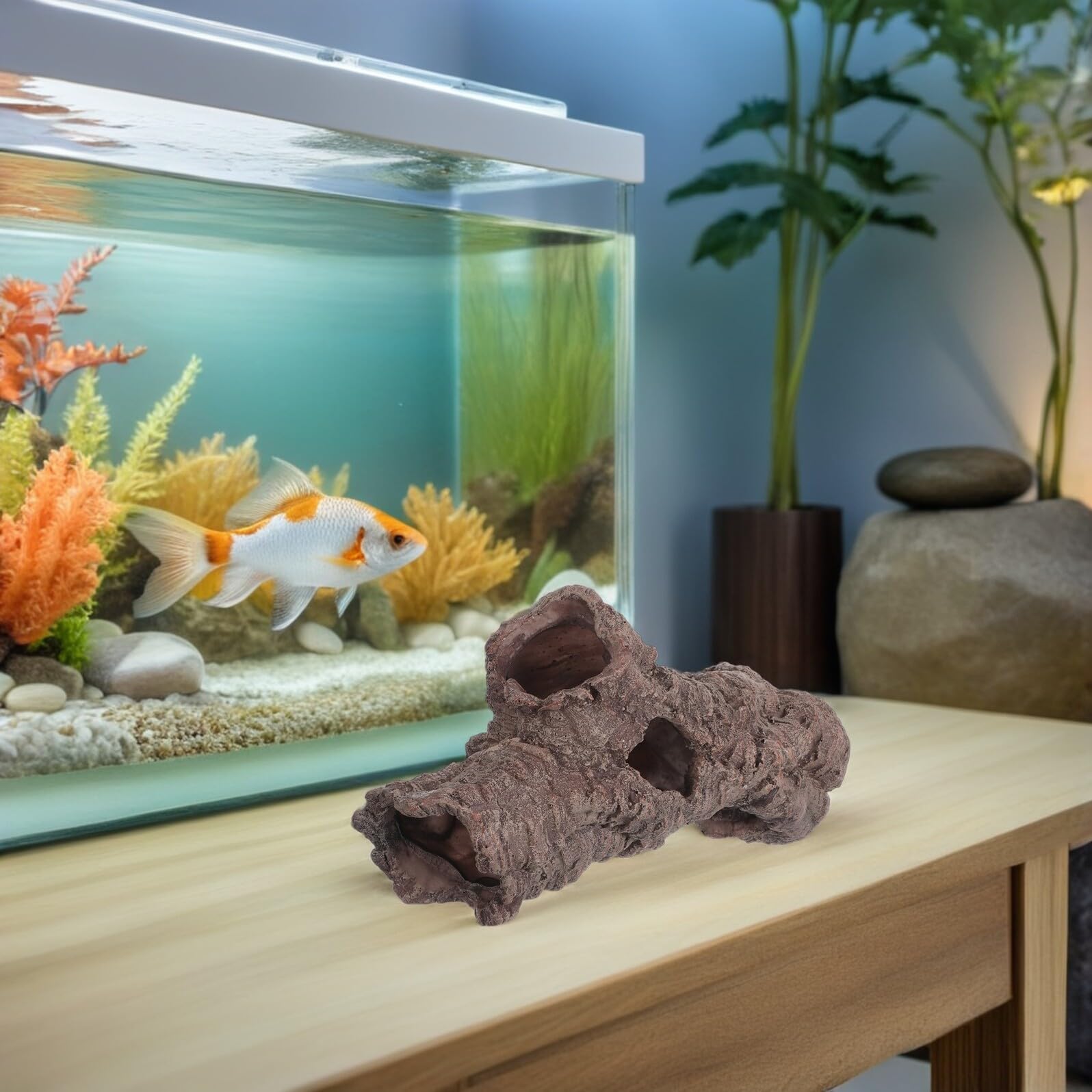 Totority Grotta per Acquario in Resina a Forma di Tronco 5 Fori, Rifugio Naturale per Pesci e Animali da Acquario, Design Realistico per Vasche D'acqua e Salata