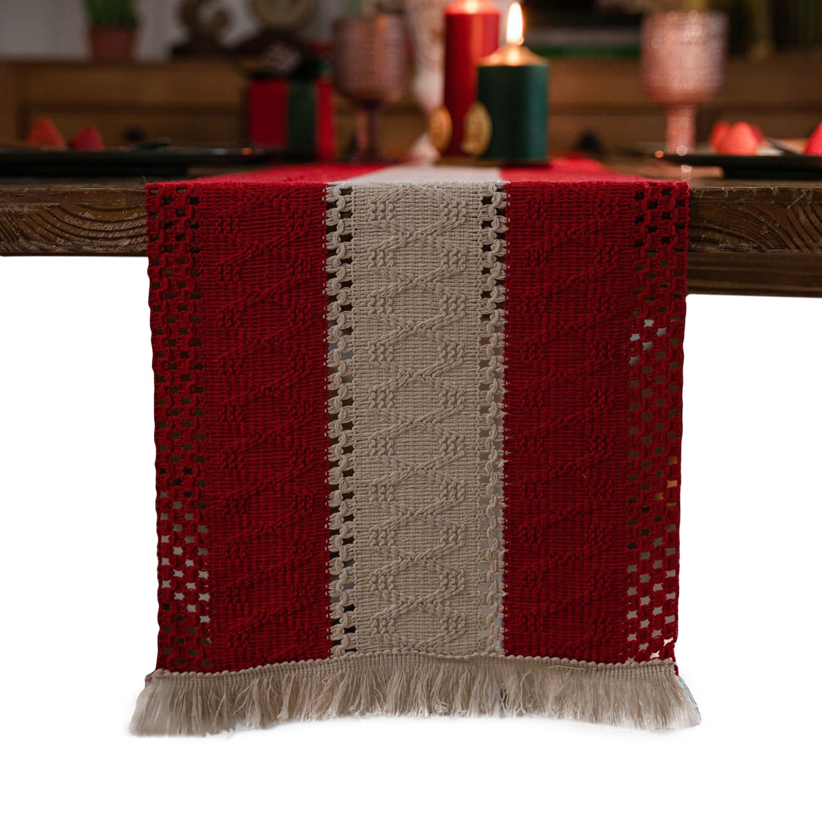 Rustykalny bieżnik z frędzlami, ręcznie tkana bawełna i len Dekoracja stołu wiejskiego Bieżnik na przyjęcie świąteczne, dekoracje w stylu vintage Boho czerwone po obu stronach 30*400 /83
