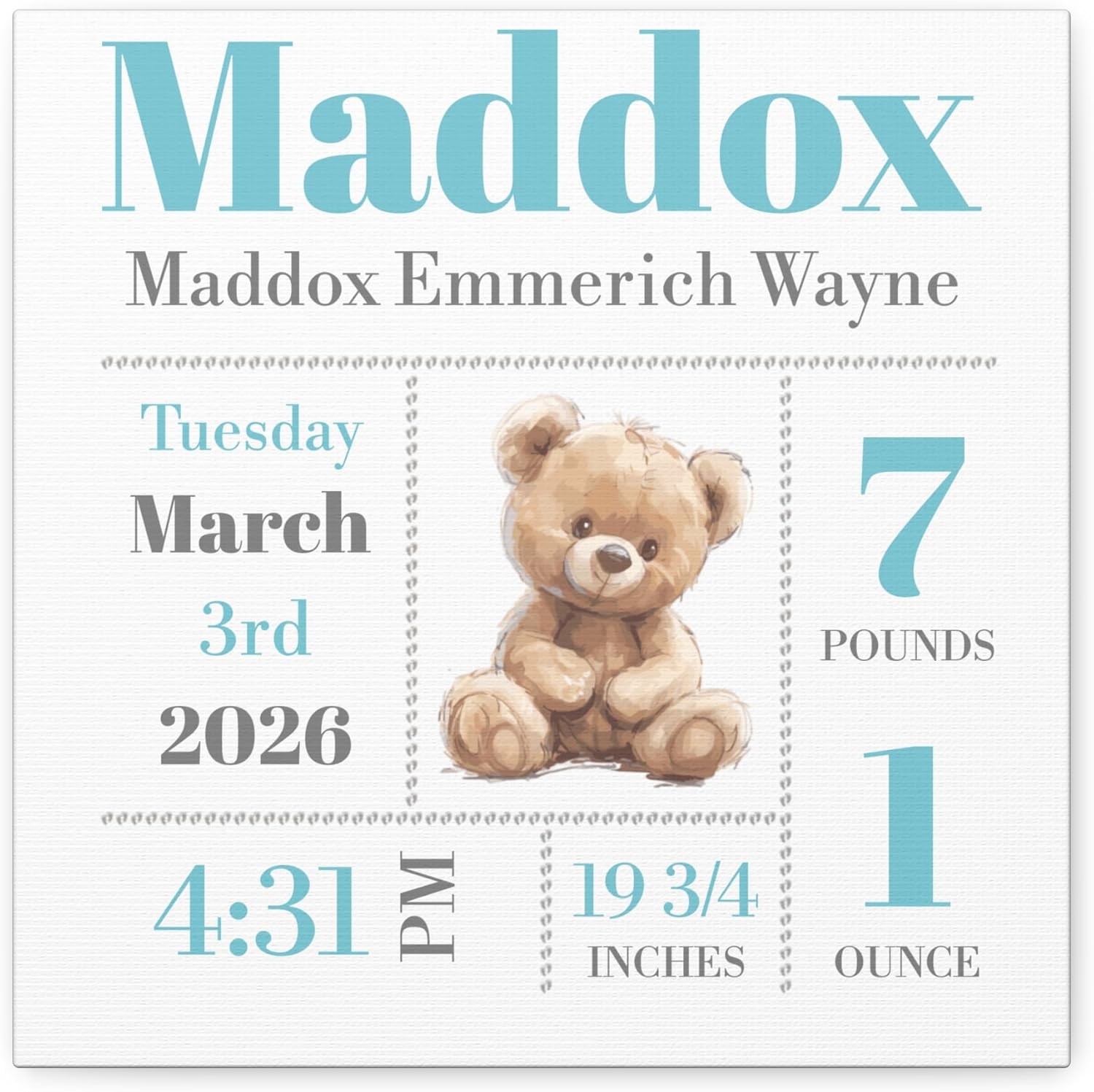 DesygnTheory Personalized Baby Birth Stats Canvas – Brown Teddy Newborn Keepsake