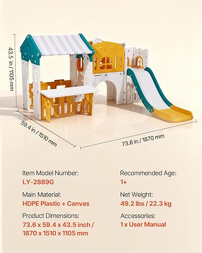 Miniatura 3 de VEVOR Casa de juegos al aire libre, versátil parque infantil con tobogán, baloncesto, telescopio, volante, túnel de gateo, ventana de ventas, juego