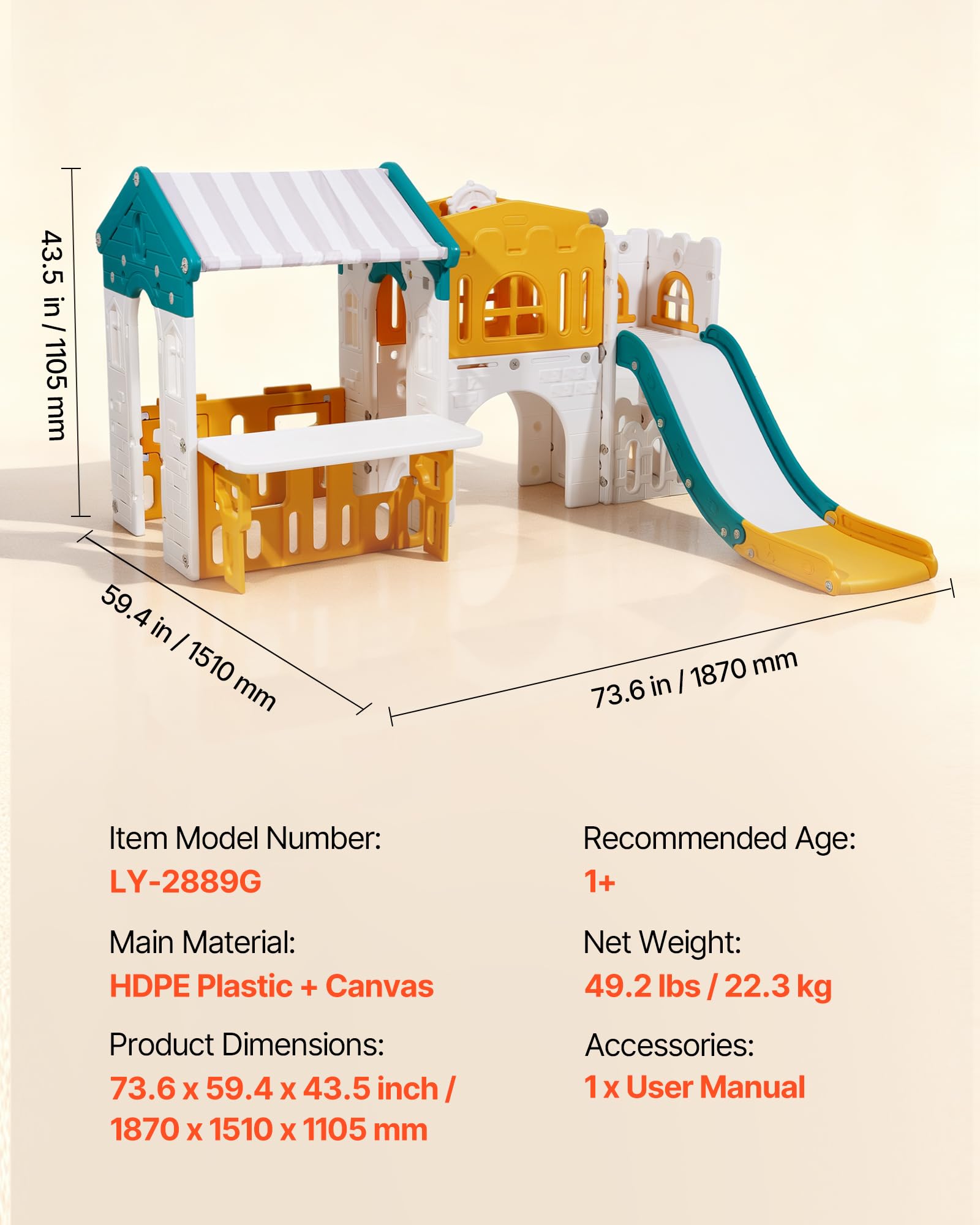 VEVOR Maisonnette pour Enfants, Maison de Jeu Extérieur pour Tout-Petits à Partir de 1 an, Cabine de Jardin pour Enfants avec Toboggan, Ballon de Basket, Télescope, Volant, Tunnel Rampant, Vitrine