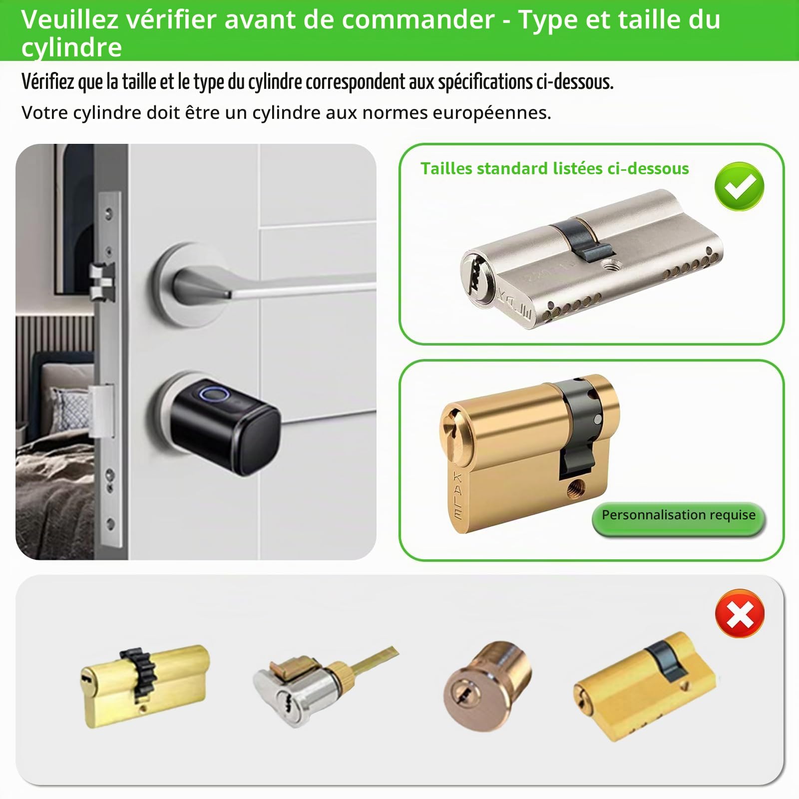 Serrure Connectée 5 en 1, Serrure de Porte avec Cylindre Réglable 60–90 mm, Déverrouillage par Empreinte, Code, Carte RFID, Tuya App, Bluetooth et Clé, Mode Invité & Mot de Passe Unique