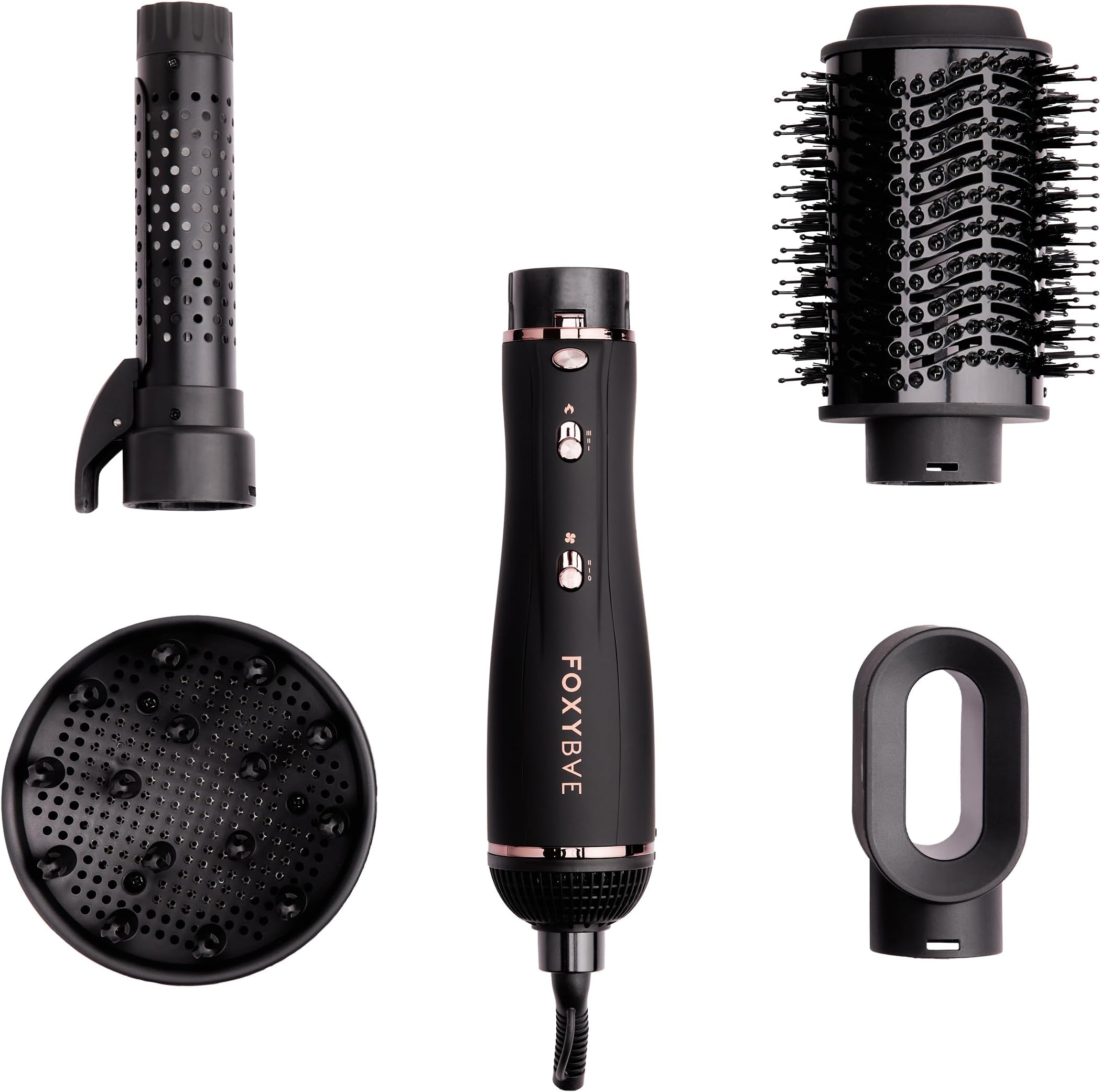 Foxybae Super Styler โ 4-in-1 Blow-Dryer Brush Set - Diffuser, Blowout-Brush, 1.25โ Curling Barrel & Drying Cylinder - Voluminous, Frizz-Free Hair - Dryer, Straightener & Curler (Black Rose-Gold)