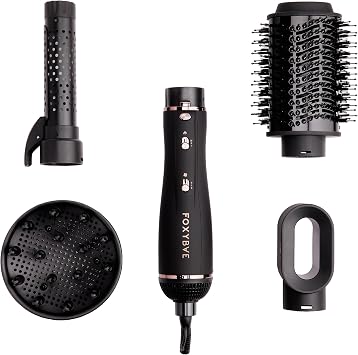 Foxybae Super Styler 4-in-1 Blow-Dryer Brush Set - Diffuser, Blowout-Brush, 1.25 Curling Barrel & Drying Cylinder - Voluminous, Frizz-Free Hair - Dryer, Straightener & Curler Black Rose-Gold