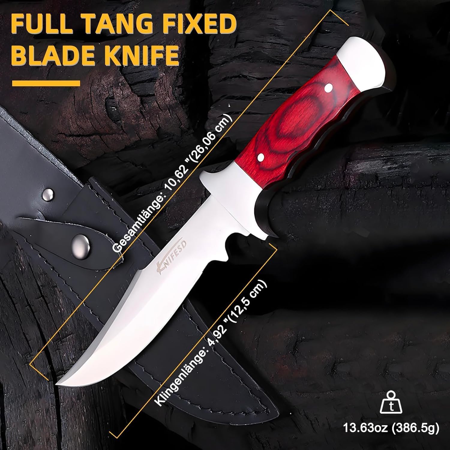 Omesio UMF Fixed Blade Knives with Sheath large Hunting Knife Full Tang Bushcraft Knives Skinning Knife Deer Hunting Knives, Big Camping Outdoor (b-red)