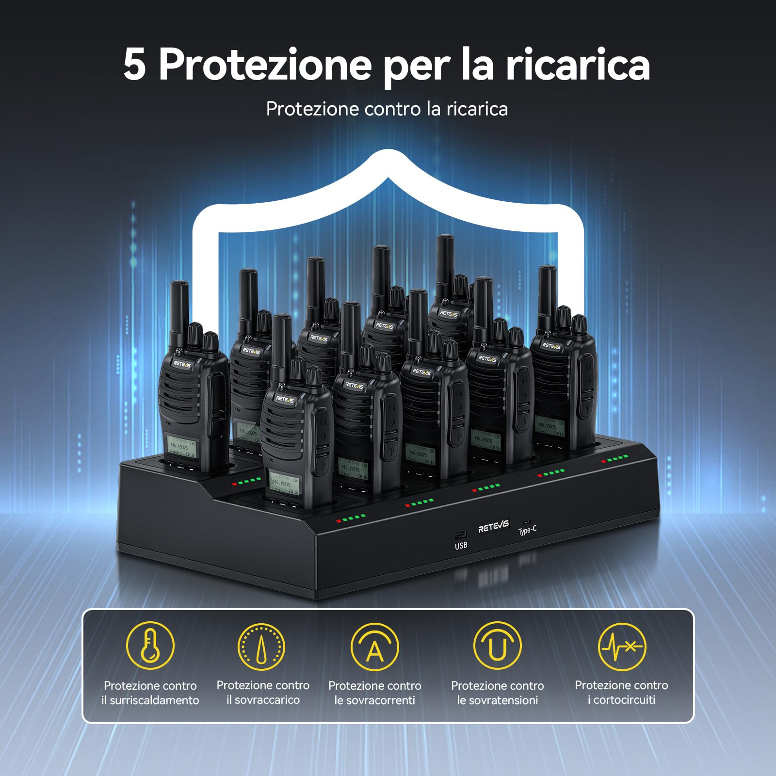 Retevis H777D Walkie Talkie PMR446, Ricetrasmittenti con Caricabatterie a 10 Vie, Display LCD, Wolky Toki Portatile con Auricolare per Sicurezza, Hotel (Confezione da 10)