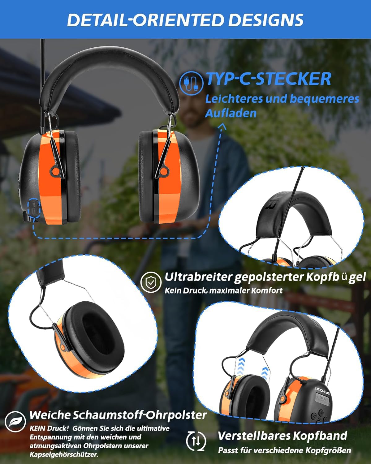 PROHEAR 033 Gehörschutz mit Radio, SNR31dB - Ohrenschützer mit Bluetooth FM/AM, Eingebautem Mikrofon und Lärmreduzierung für Lärmintensive Freizeitaktivitäten Orange