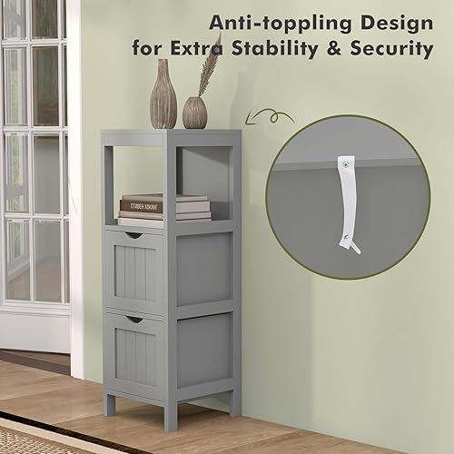 Miniatura 9 de LOKO Armario de suelo de baño, gabinete de almacenamiento multifuncional con 2 cajones extraíbles, armario de baño moderno con correa anticaída, 12