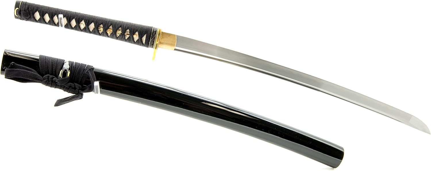 Handmade Sword - Samurai Wakizashi Sword, Practical, Hand Forged, 1045 Carbon Steel, Clay Tempered, Damascus, Full Tang, Sharp, Raised Details Tsuba, Black Wooden Scabbard, Sword Certificate
