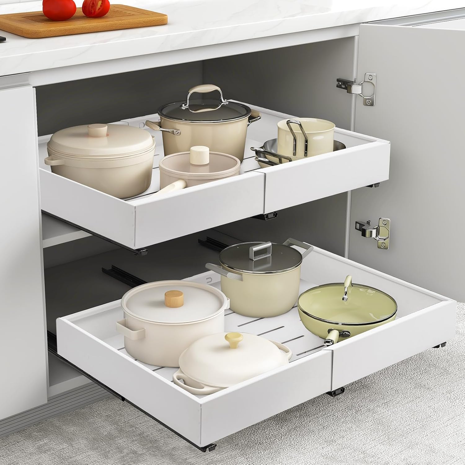 2er Set Teleskopschubladen - Verstellbare Ausziehschieber (32-53cm Breite) für Küchenschränke | Mit Klebebefestigung & 3 Schienensystem | 34kg Tragkraft (Weiß)