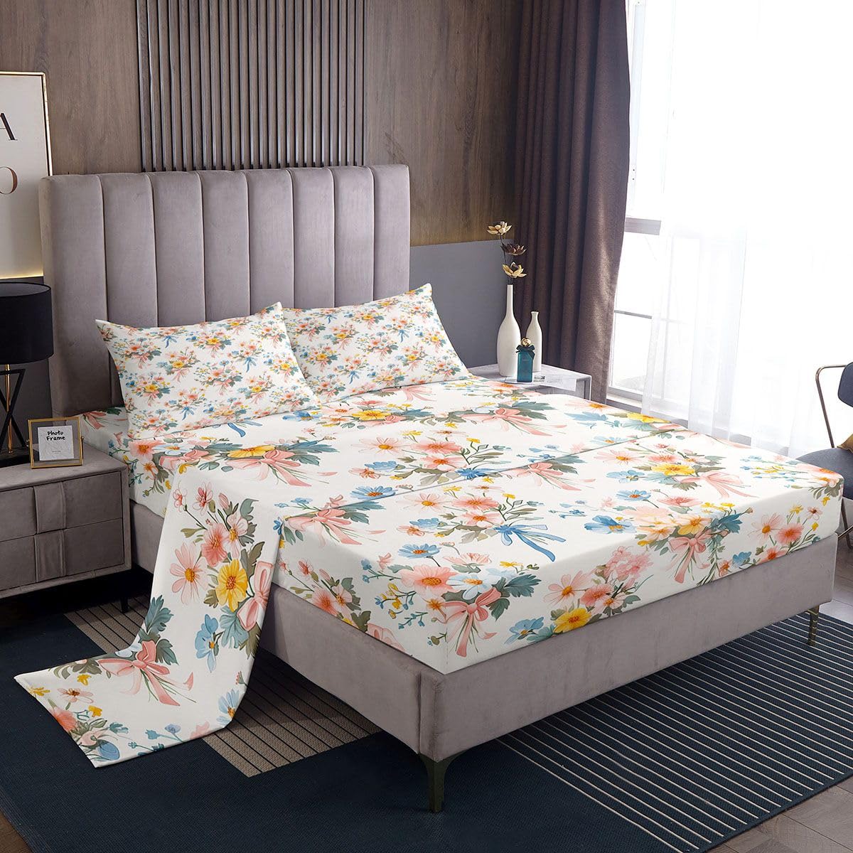 jejeloiu Bow Bed Sheets Set Twin Size Floral Bed Set for Kids Boys Girls Cute Deep Pocket Fitted Sheet Princess Style Breathable Soft Lightweight Microfiber Beige Orange