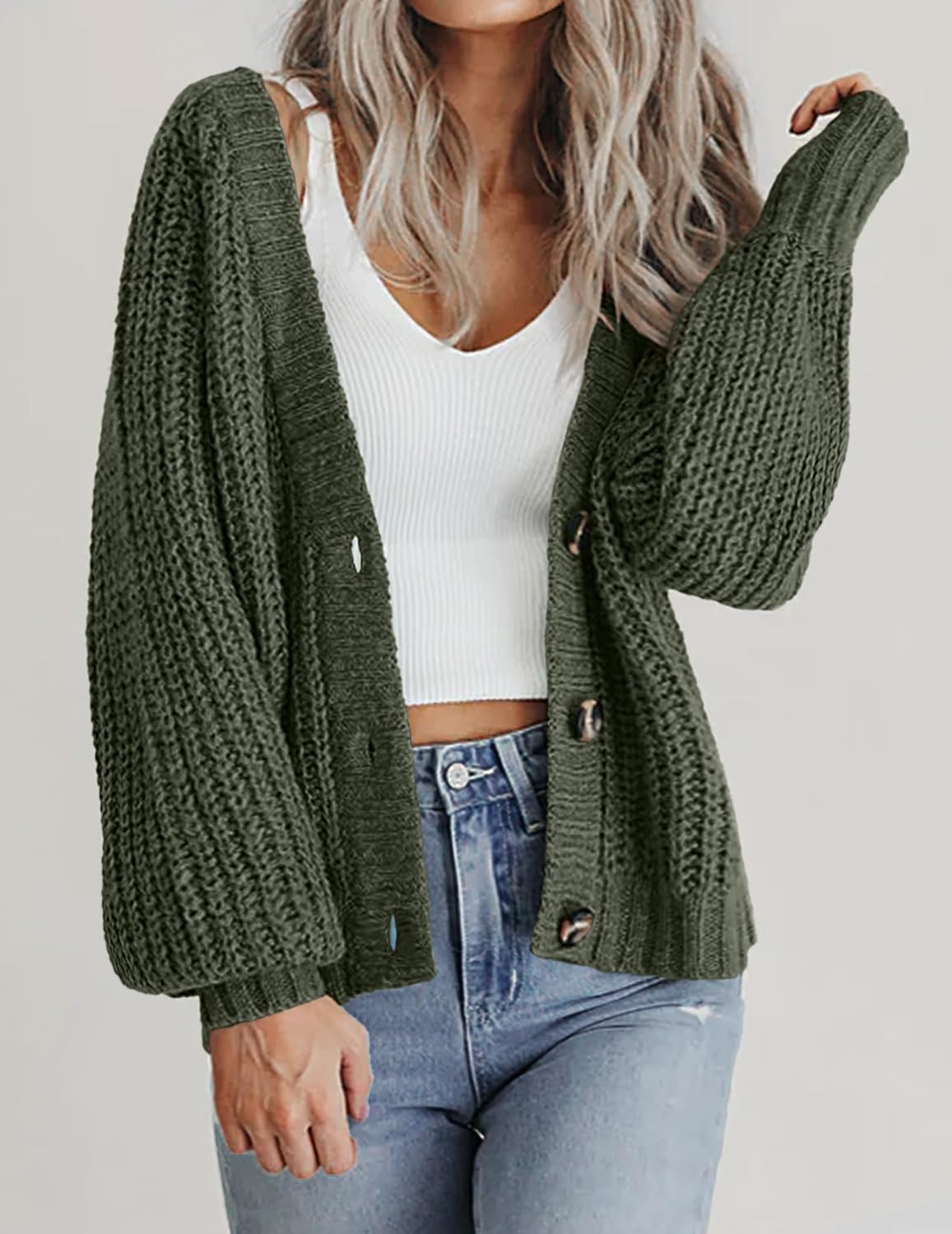 Zeagoo Women's 2026 Fall Chunky Knit Cardigans Open Front Long Sleeve V Neck Button Loose Cardigan Sweaters - Image 3