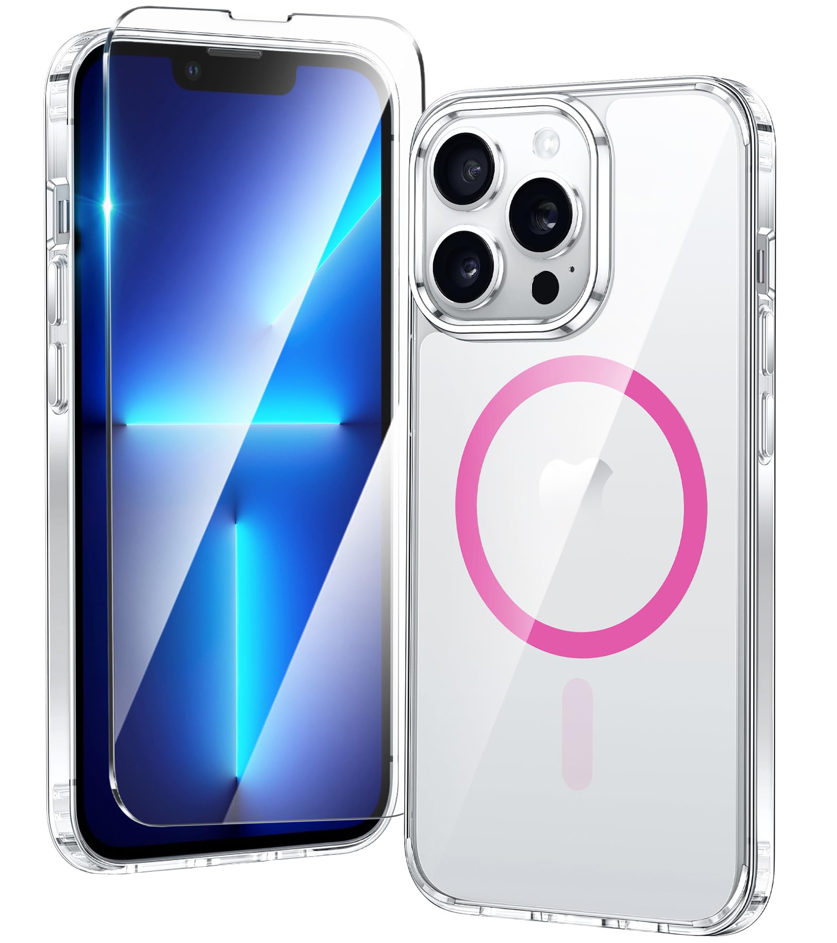 FNTCASE for iPhone 13 Pro Case: Magnetic Anti-Yellowing Slim Clear Phone Case | Military Grade Protective & Shockproof Drop Protection Thin Transparent Cover (F-Hot Pink)