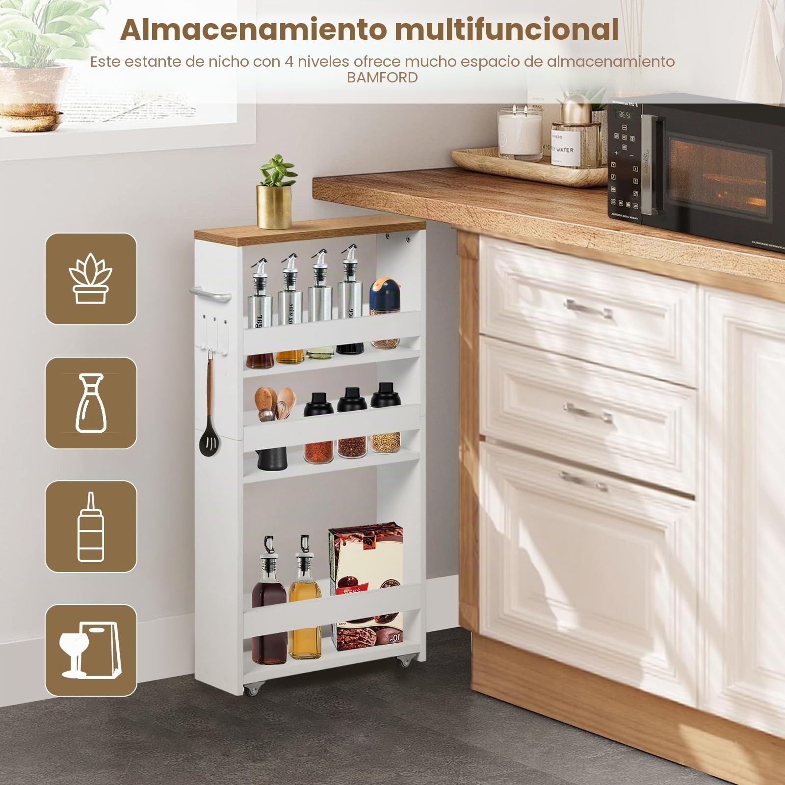 Carrito de Cocina de 4 Niveles, Carro Auxiliar Estrecho con Ruedas, Estante Nicho con Asa, Mueble de Almacenaje Ahorra Espacio para Cocina, Baño, Oficina, 40x15x80cm, Blanco+Roble Claro