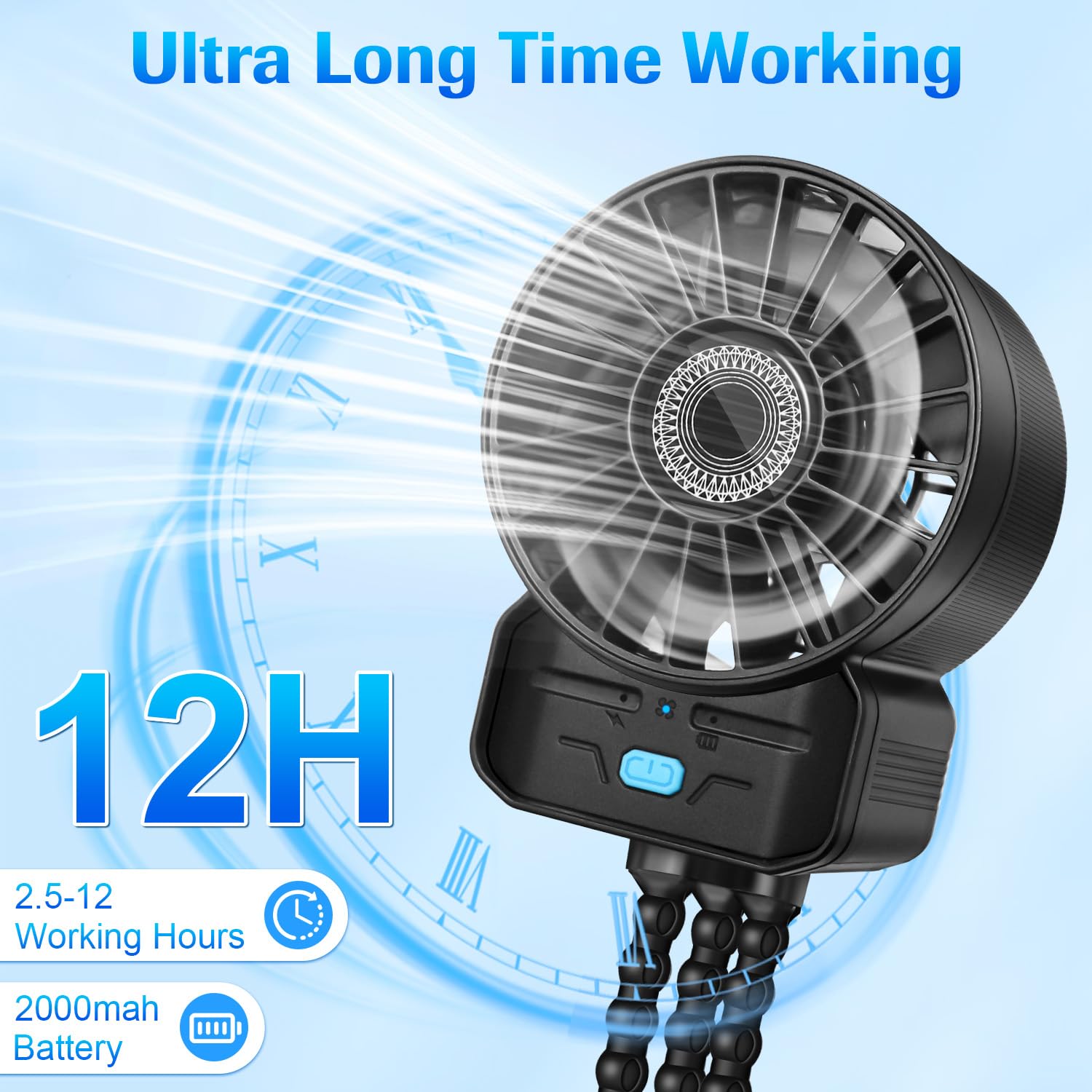 Ventilateur Poussette Bebe, Mini Ventilateur Portable USB C avec Trépied Pince, 4 Vitesses, Robust und Flexibel, 2000mAh, pour Siège Voiture, Lit bébé et Berceau, Puissant et Silencieux