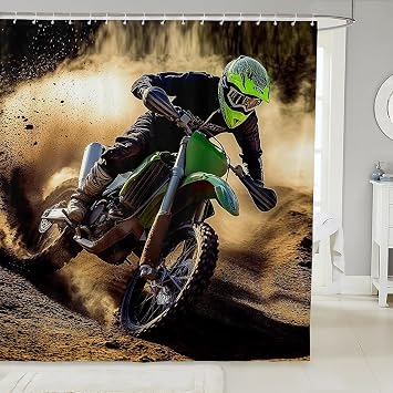 Green Motorcycle Shower Curtain Extreme Sports Bath Curtain Motocross Racer Bathroom Sets For Kids Boys Dirt Bike Mountain Buggy Race Outdoor Fabric Shower Curtains Sets Waterproof Cloth 72" W x 72" L