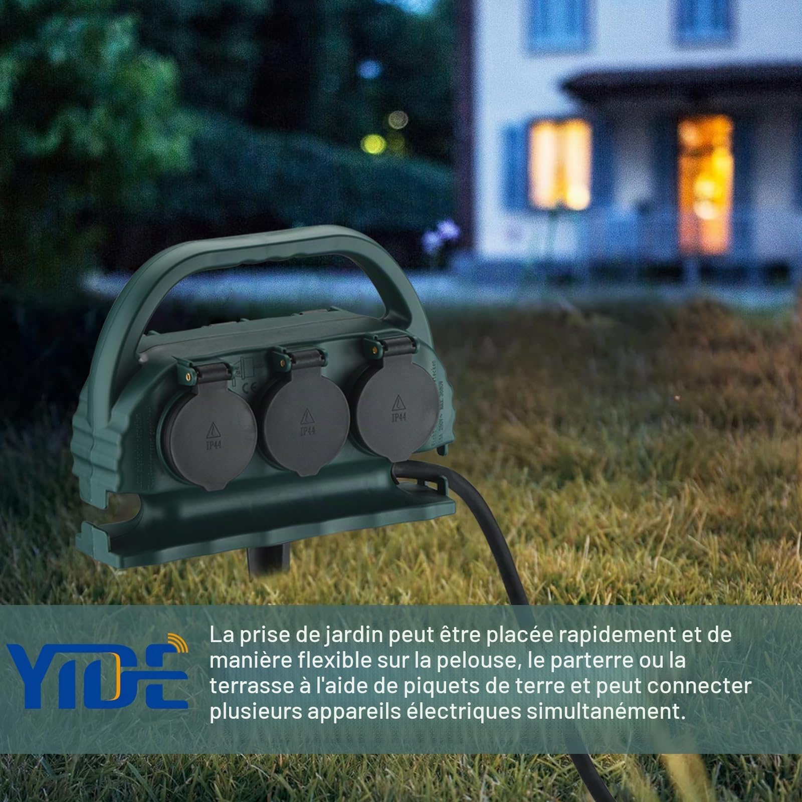 Multiprise de jardin 6 prises IP44 avec poignée de transport et piquet de terre, prise extérieure étanche avec câble en caoutchouc H07RN-F pour l'extérieur (5 m, vert)