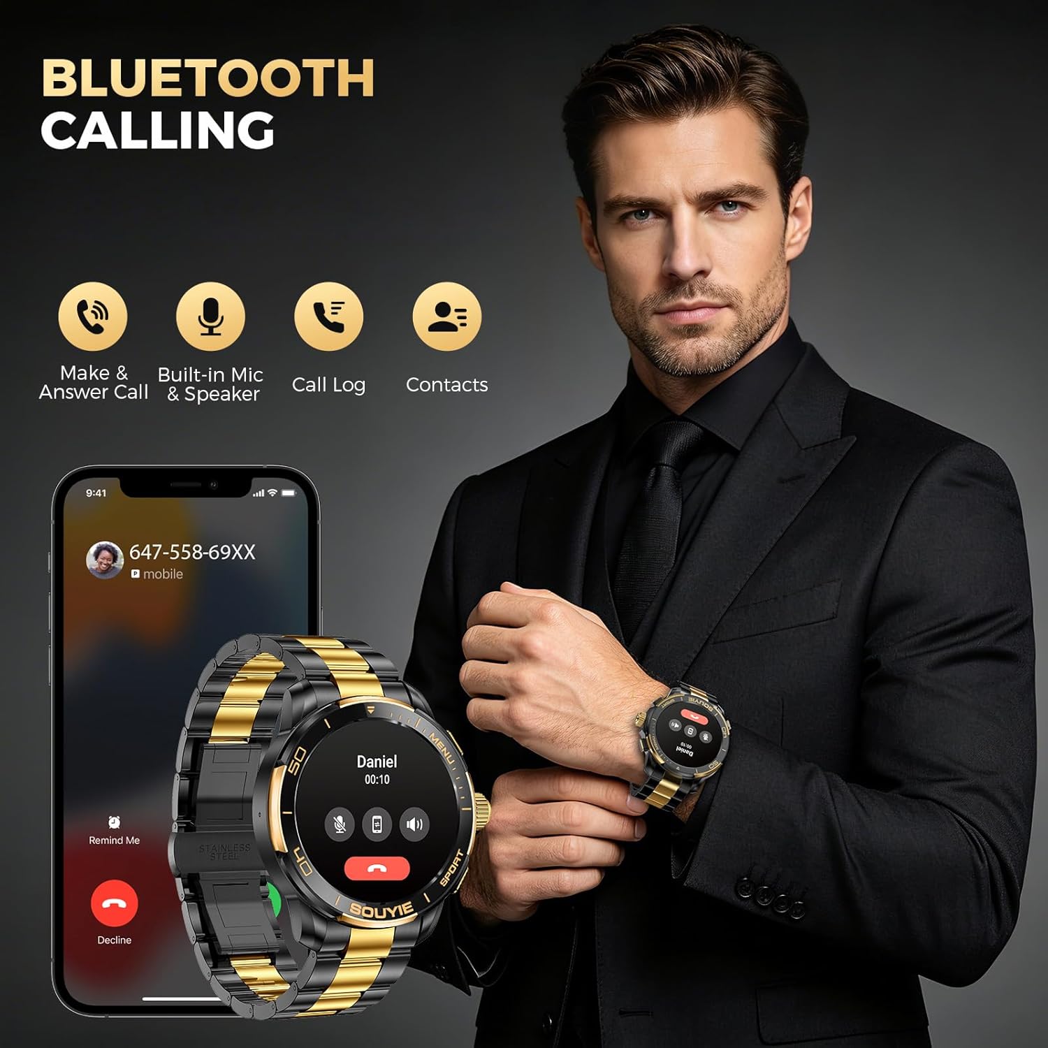 SOUYIE SW-7 Lux Smart Watch for Men, High-Gloss Ceramic Bezel & Two-Tone Steel, 1.43" AMOLED Display, AI GPT Voice Assistant, Bluetooth Calls, Health Monitor, 100+ Sports Modes, Compatible iOS Android 5 7119GSbpLcL. AC SL1500