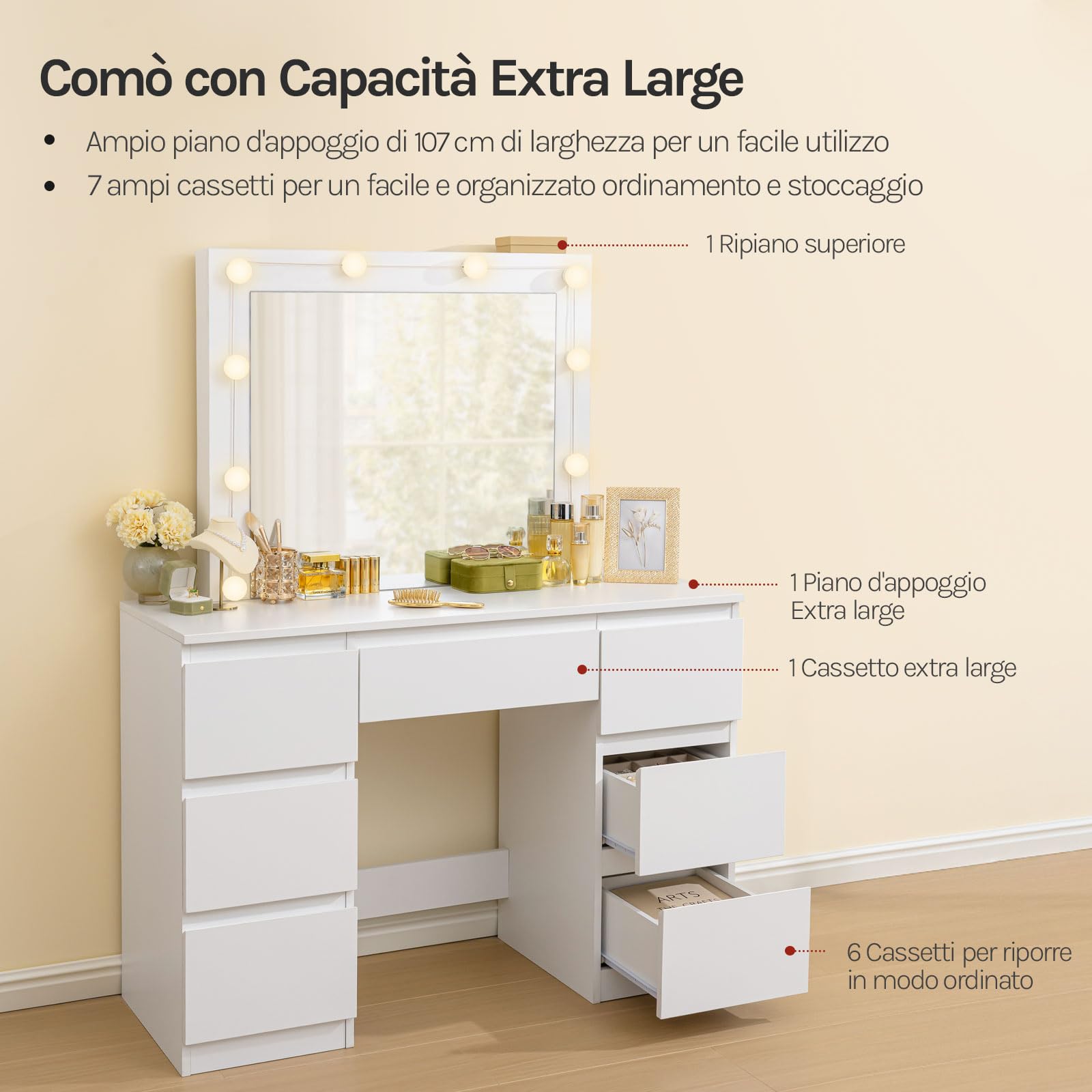 WOLTU Toeletta da Trucco, con Specchio e Luci LED, Luminosità Regolabile, Tavolo da Trucco, con 7 Cassetti, Postazione Make Up, 107x39,5x140,5cm, Cassettiera in Legno, Bianco, MB6099ws