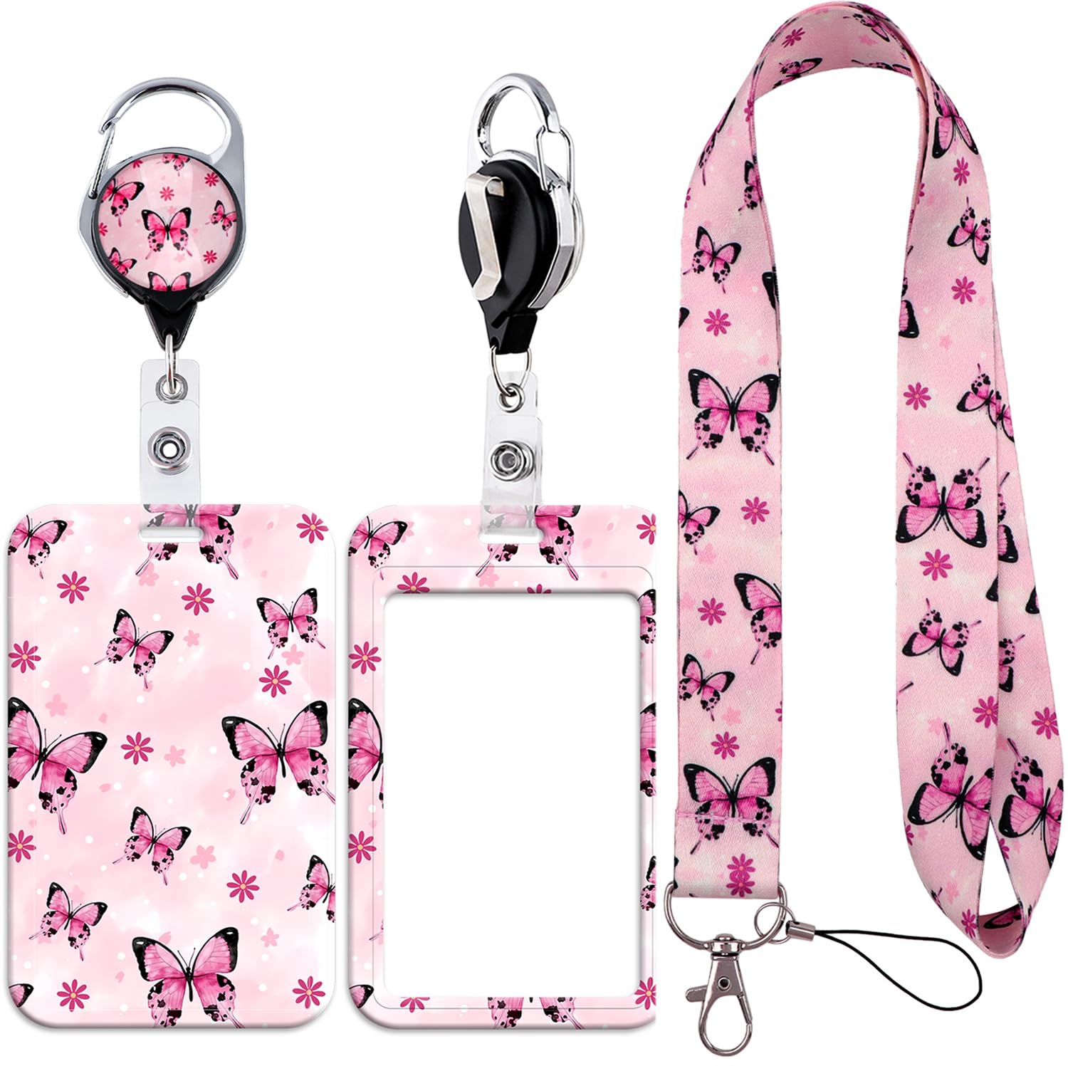 Cute Pink Lanyard with ID Holder Monarch Butterfly Badge Cover and Retractable Badge Reel Clip, Strap Neck Lanyard with Lobster Clasp for Badge Holder Women Teacher Girls Student — image 1