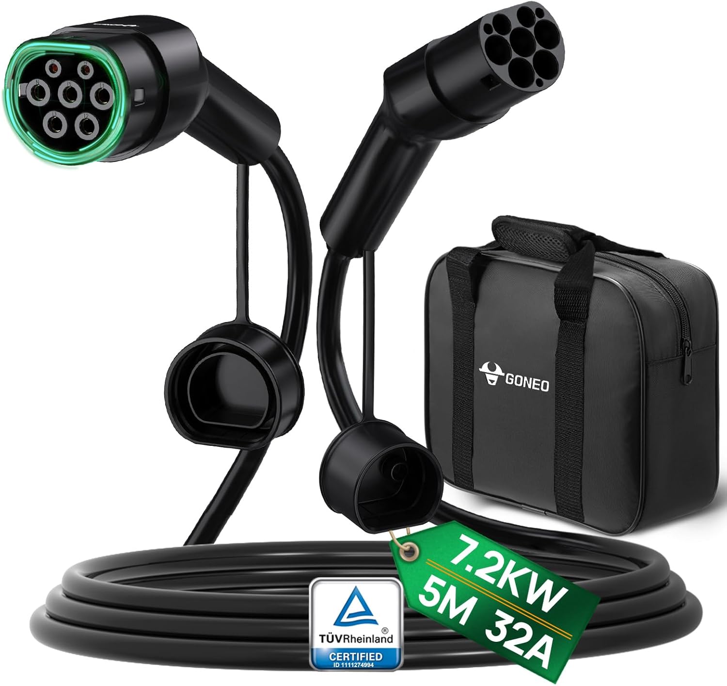 GONEO Cable de Carga Tipo 2 7.2kW 5m 32A Tipo 2 Monofásico Modo 3 para EV/PHEV Tipo 2 a Tipo 2/CSS2 EV Cable de Carga con Bolsa de Transporte GONEO Cable de Carga Tipo 2 7.2kW 5m 32A Tipo 2 Monofásico Modo 3 para EV/PHEV Tipo 2 a Tipo 2/CSS2 EV Cable de Carga con Bolsa de Transporte