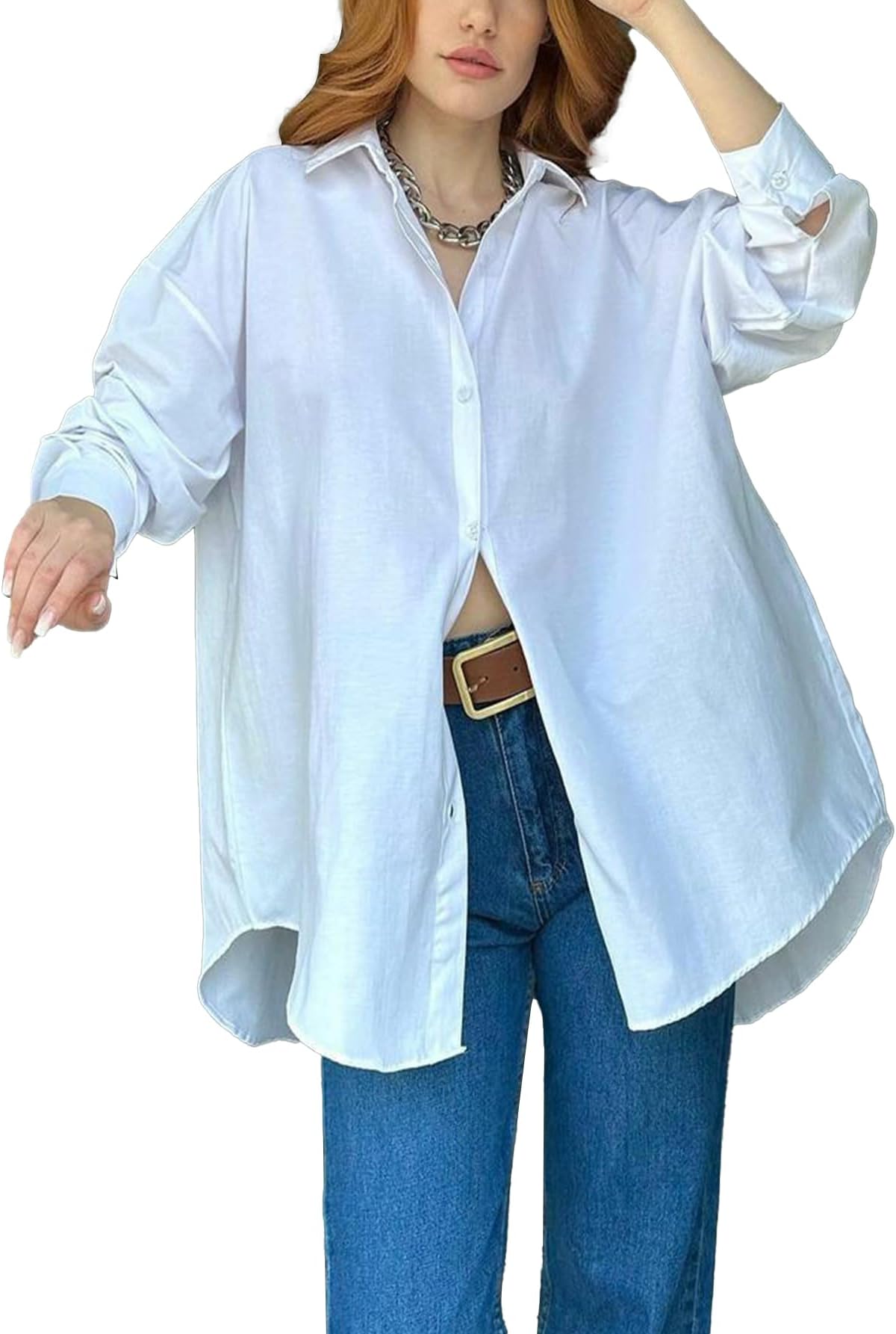 LYANER Women's Oversize Collar Neck Long Sleeve Button Down Slit Hem Blouse Shirt Top