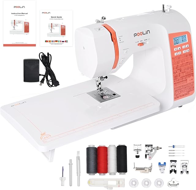 Poolin EOC02 Computerized Sewing Machine, 200 Stitches, LCD Screen,Wide Table,7 Presser Feet,Sewing Machine for Beginners Gifts (Orange)
