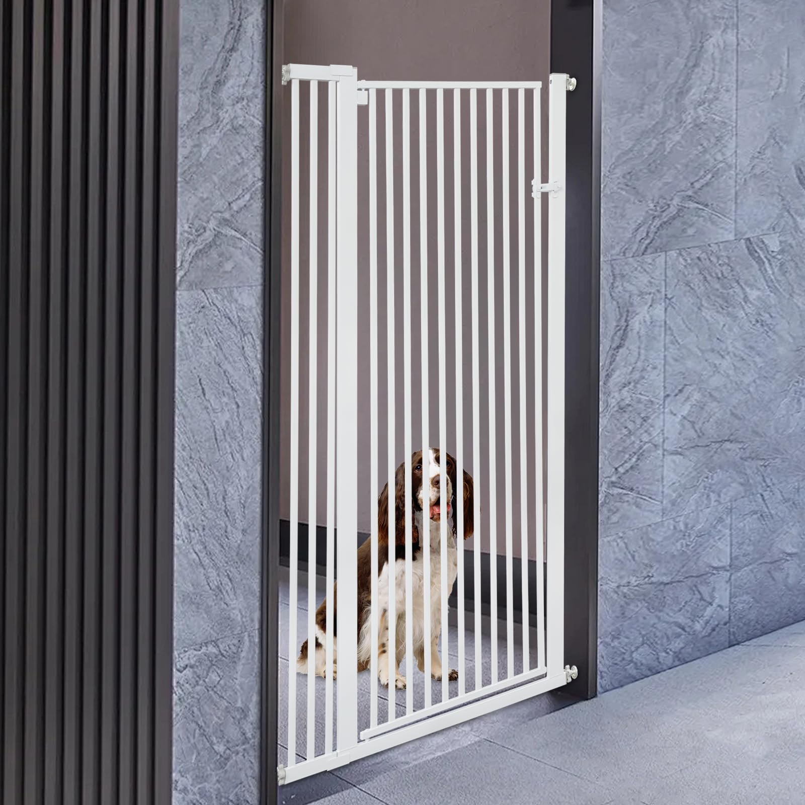 Barrera de seguridad para escaleras para niños, rejilla de puerta de 150 cm para gatos, rejilla de puerta sin perforación para bebés, gatos y perros | Ancho: 90-97 cm | Gira a ambos lados (270°