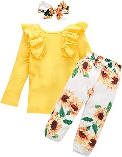 Girls Clothes Set Baby Girl Outfits for Toddler Kids Short Long Sleeve Ruffle Top + Floral Pants + Bow Headband 3Pcs