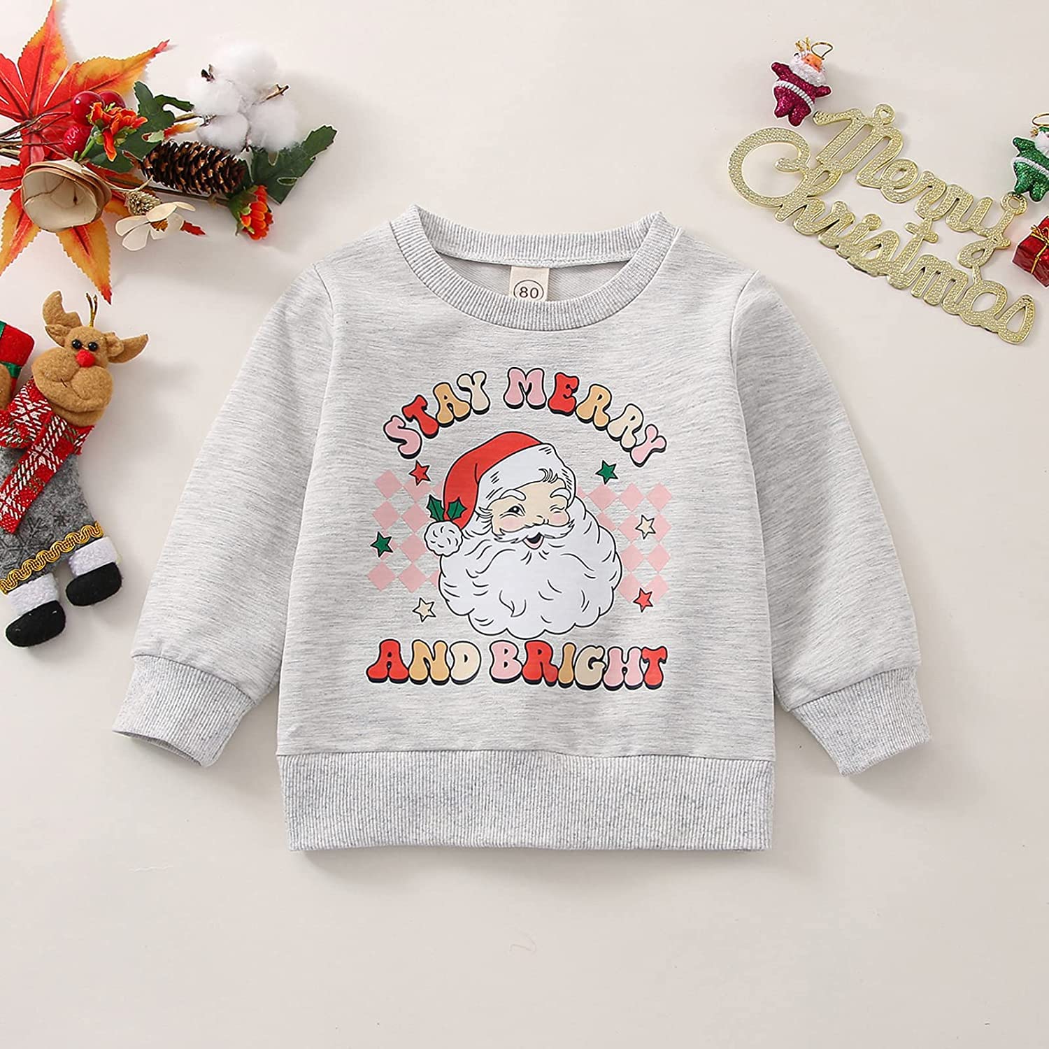 DOSYZTO Toddler Boy Girl Christmas Clothes Long Sleeve Crewneck Santa Sweatshirt Tops Pullover Sweater Shirts Winter Outfit (Stay Merry and Bright Light Sweater,7-8 Years)