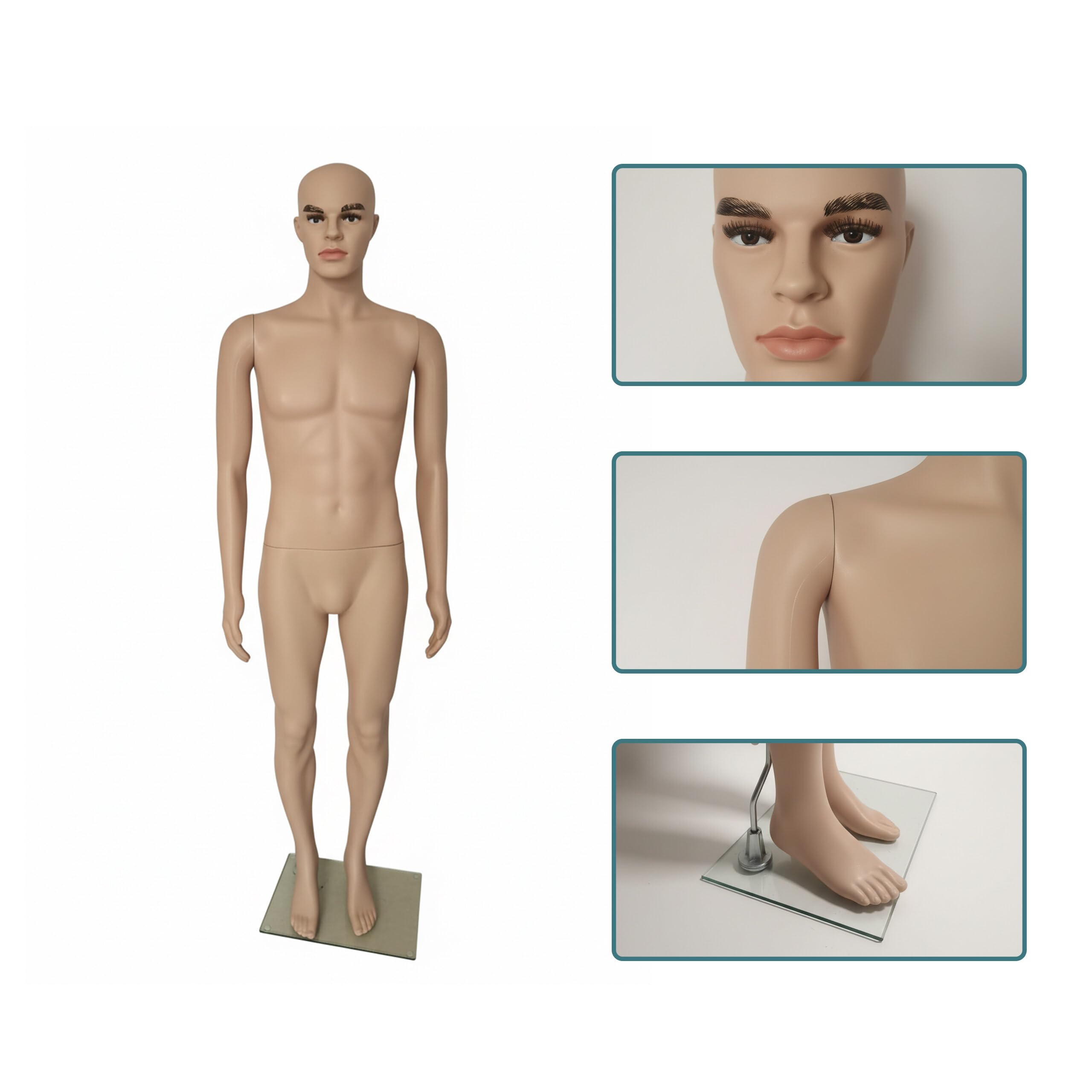 Manichino da vetrina Relaxdays, Maschile, 185 cm, Testa e Braccia mobili, Base in Vetro, Beige