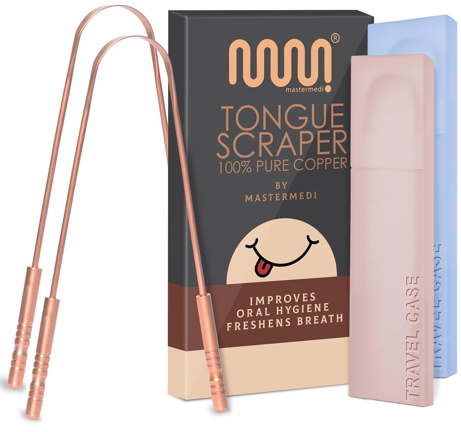 MasterMedi Tongue Scraper with Case Easy to Use Tongue Scraper for Adults, Tongue Cleaner for Oral Care & Hygiene (Copper Set of 2 (with Travel Case))