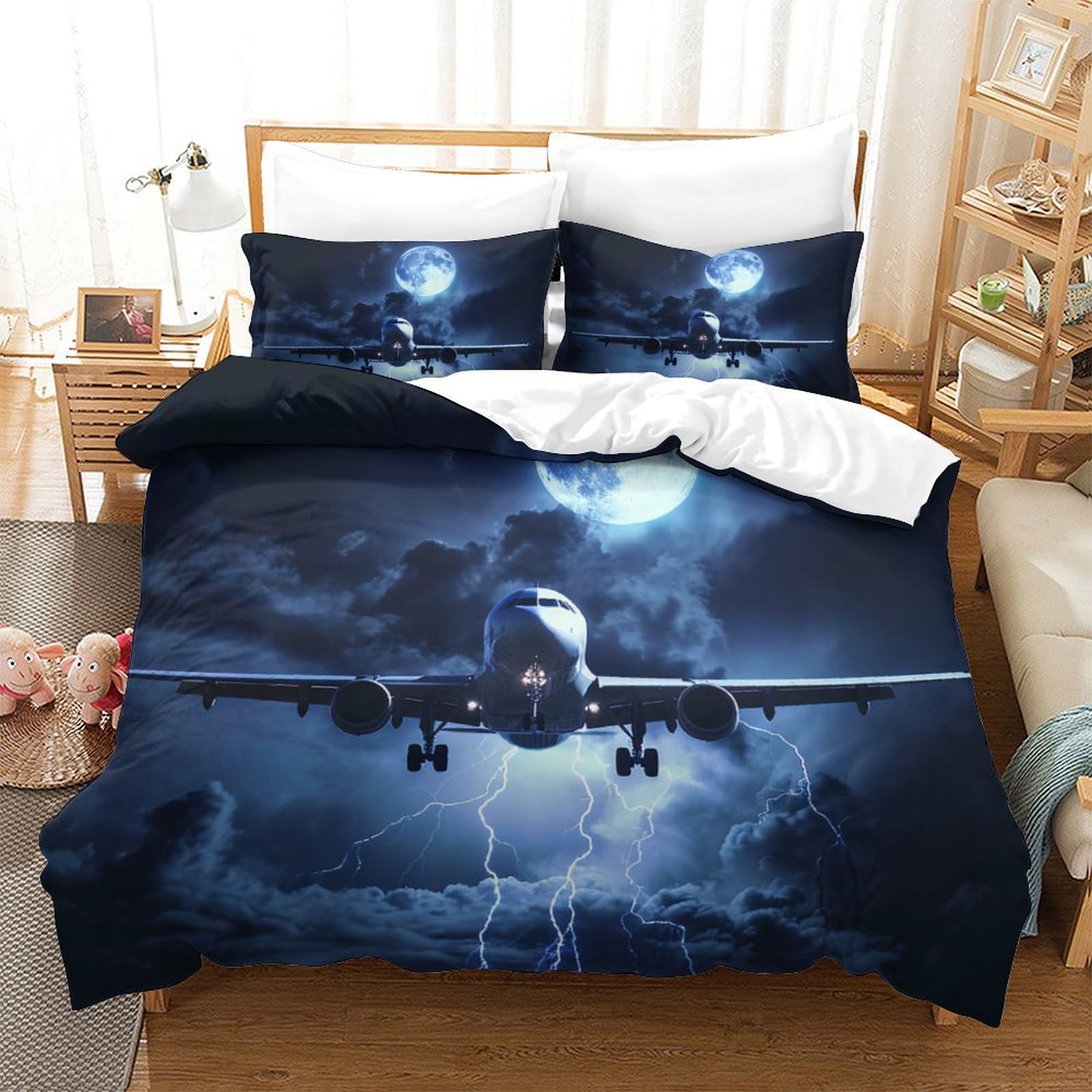 Housse de couette avion 3D microfbre 260x220 cm avec taies d'oreiller pour lit super king