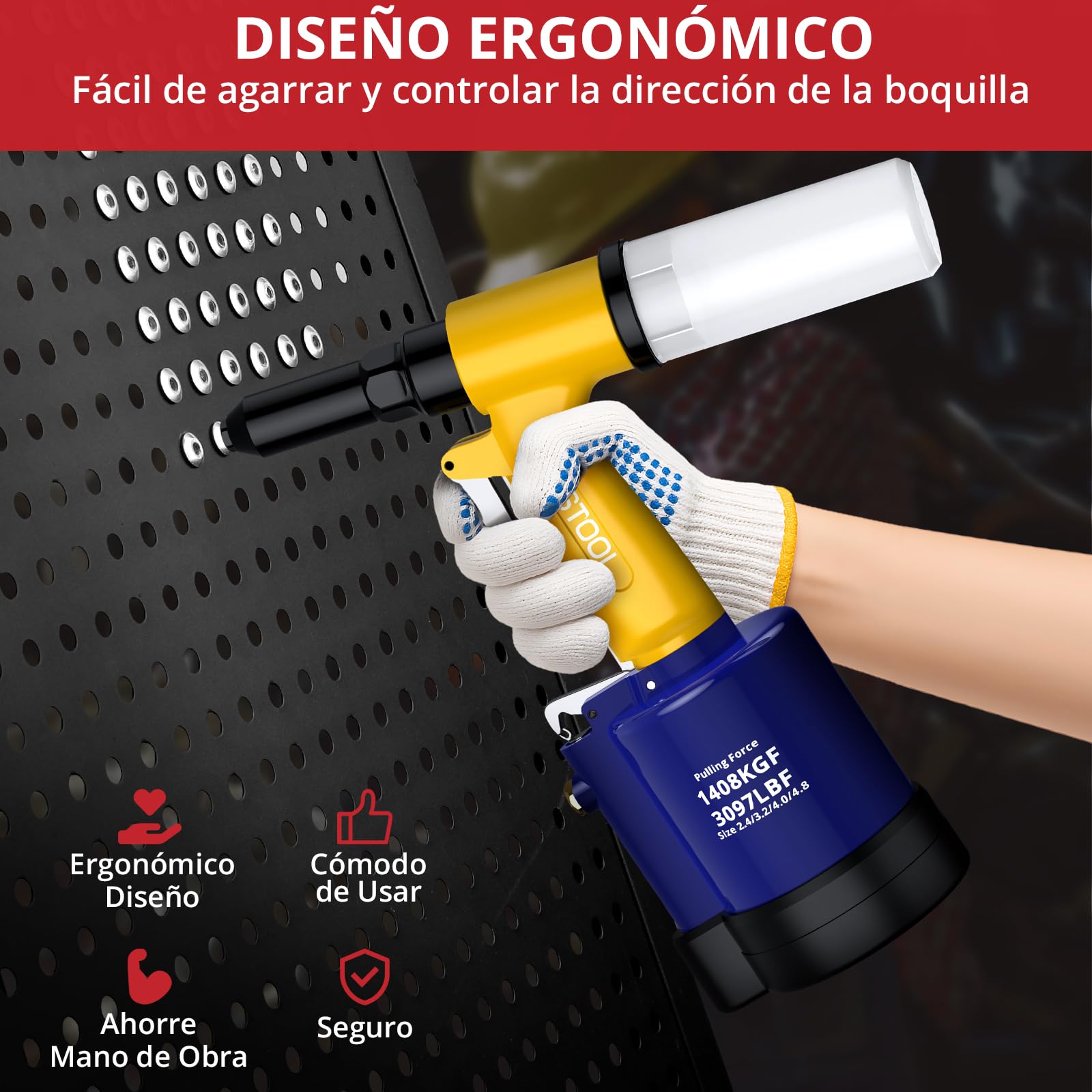 JUSTOOL Remachadora Neumática con 4 Boquillas (2.4mm,3.2mm,4.0mm,4.8mm) y 3 Mordazas,1408KGF Pistola de Remachadora para el Mantenimiento de Automóviles y Embarcaciones