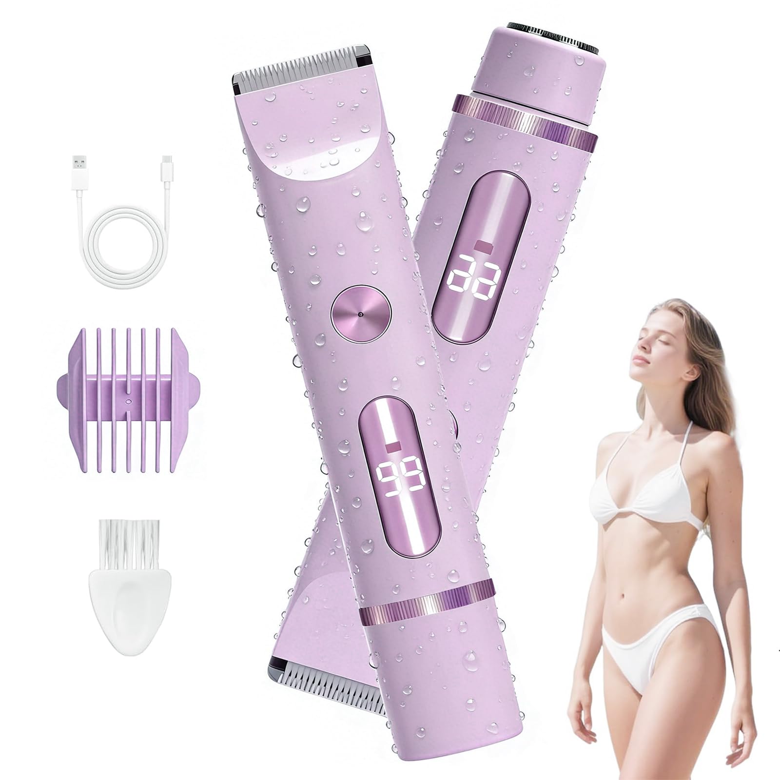 Rasoir Electrique Femme 2 in 1 Violet, IPX7 Étanche Rasoir, Tondeuse Femme Intime Tout-En-Un (Visage, Jambes, Aisselles & Corps), Tondeuse Bikini Rasoir Maillot