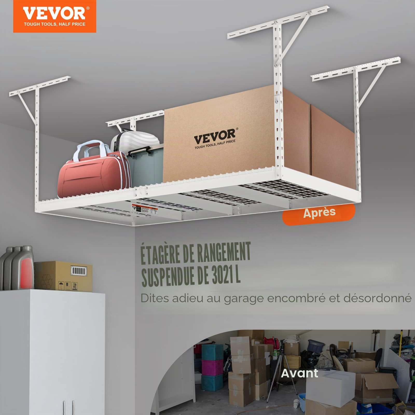 VEVOR Étagère de rangement pour garage, 121,9x243,8 cm, étagère de rangement au plafond, réglable en acier laminé à froid pour rangement du garage, l'organisation, charge 272 kg, 55,9-101,6 cm, blanc