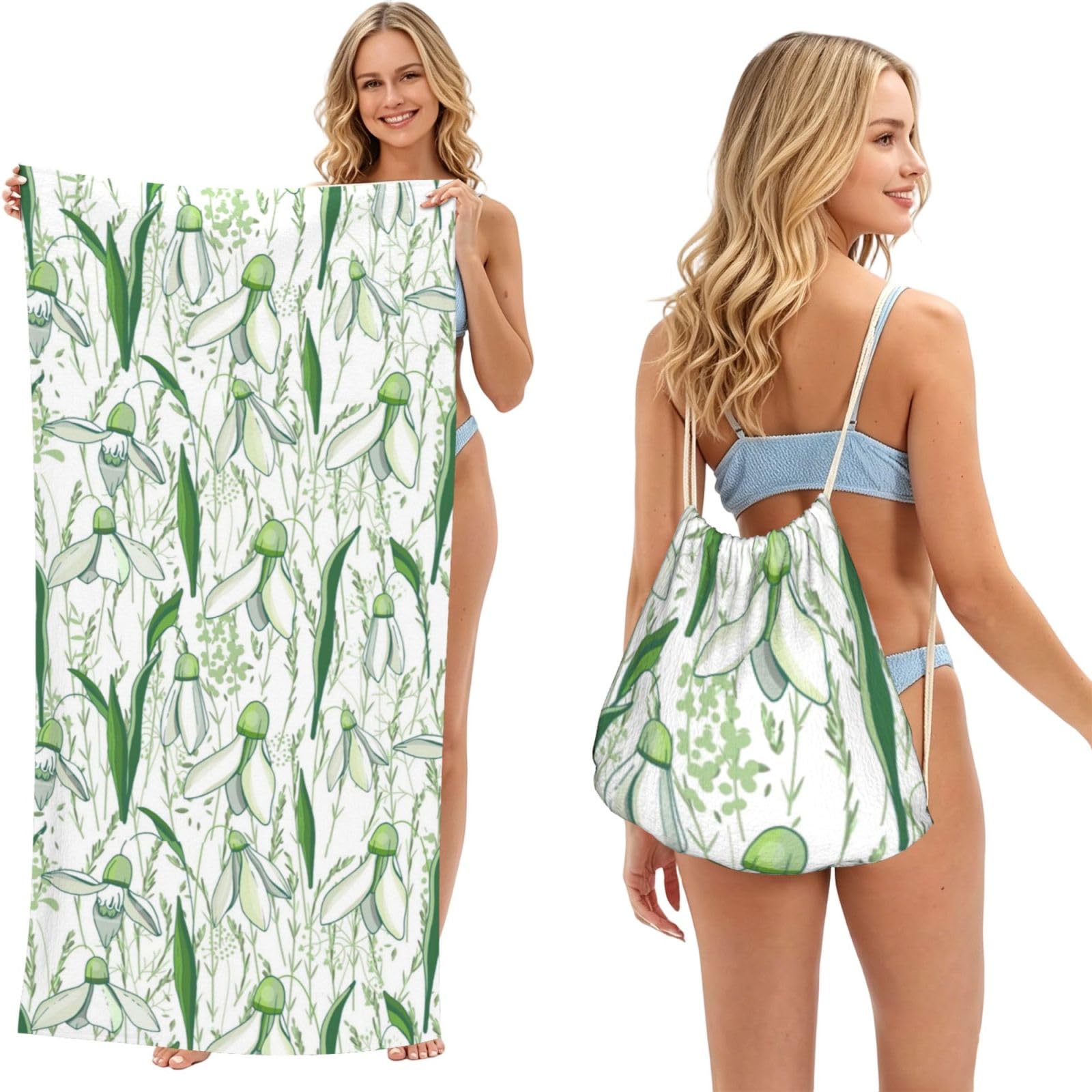 Poadnly As Picture Cute Snowdrop Herbs, 2 In 1 Packable Towel Bag, Beach Towels With Drawstring Backpack For Travel Holiday Camping