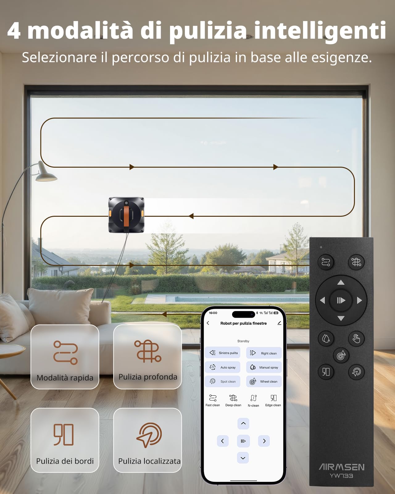 AIRMSEN YW733 Robot lavavetri, pianificazione automatica, 4 modalità di pulizia, 4 ugelli spray, serbatoio grande da 110 ml, 6000 Pa, antiscivolo, per finestre, vetri doccia & specchi