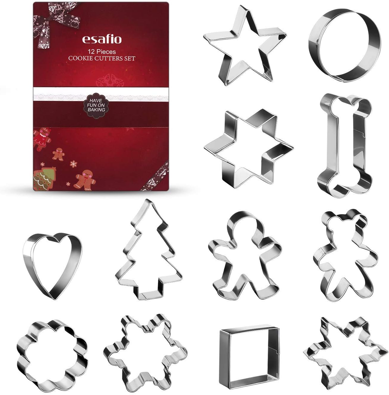 esafio 12PCS Cookie Cutter Set, Christmas Biscuit Cutters with Heart, Flower, Bone, Round, Snowflake, Square Shapes Food Shape Cutters for Cake, Pie, Kids, Children