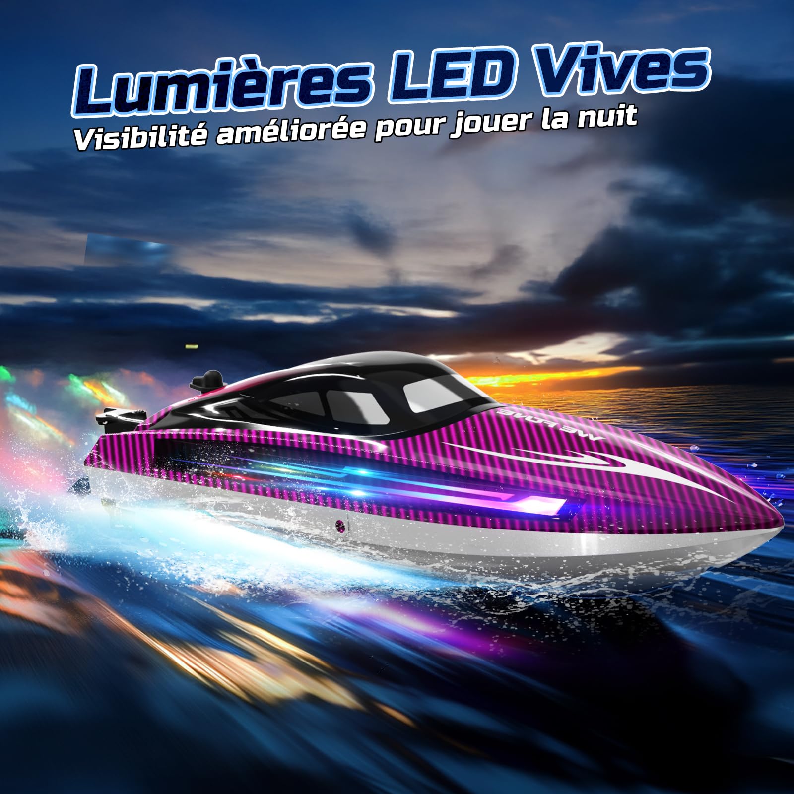 WeFone Barco RC de Alta Velocidad para Niños y Adultos, Más de 15 mph, Lancha Teledirigida con Luces LED, Autoenderezable, Modo Demo, Impermeable, Piscinas y Lagos, 2 Baterías 40 Min, Morado