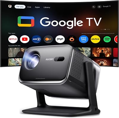 Aurzen Boom Mini 4-in-1 Smart Beamer mit Google TV, 4K Unterstützt Heimkino & Outdoor Projektor, 20W DoIby Audio, 500 ANSI Projector, ToF Autofokus & Trapezkorrektur, WLAN/Bluetooth/Handy (Schwarz)