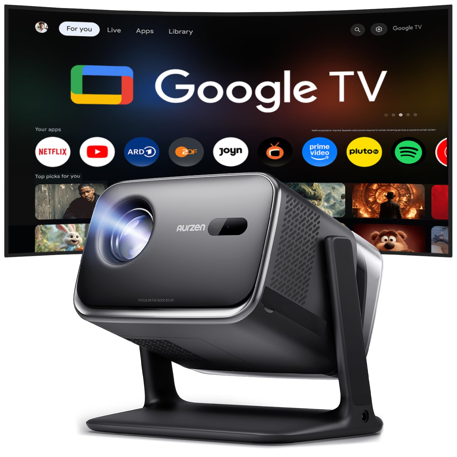 Aurzen Boom Mini 4-in-1 Smart Beamer mit Google TV, 4K Unterstützt Heimkino & Outdoor Projektor, 20W DoIby Audio, 500 ANSI Projector, ToF Autofokus & Trapezkorrektur, WLAN/Bluetooth/Handy (Schwarz)